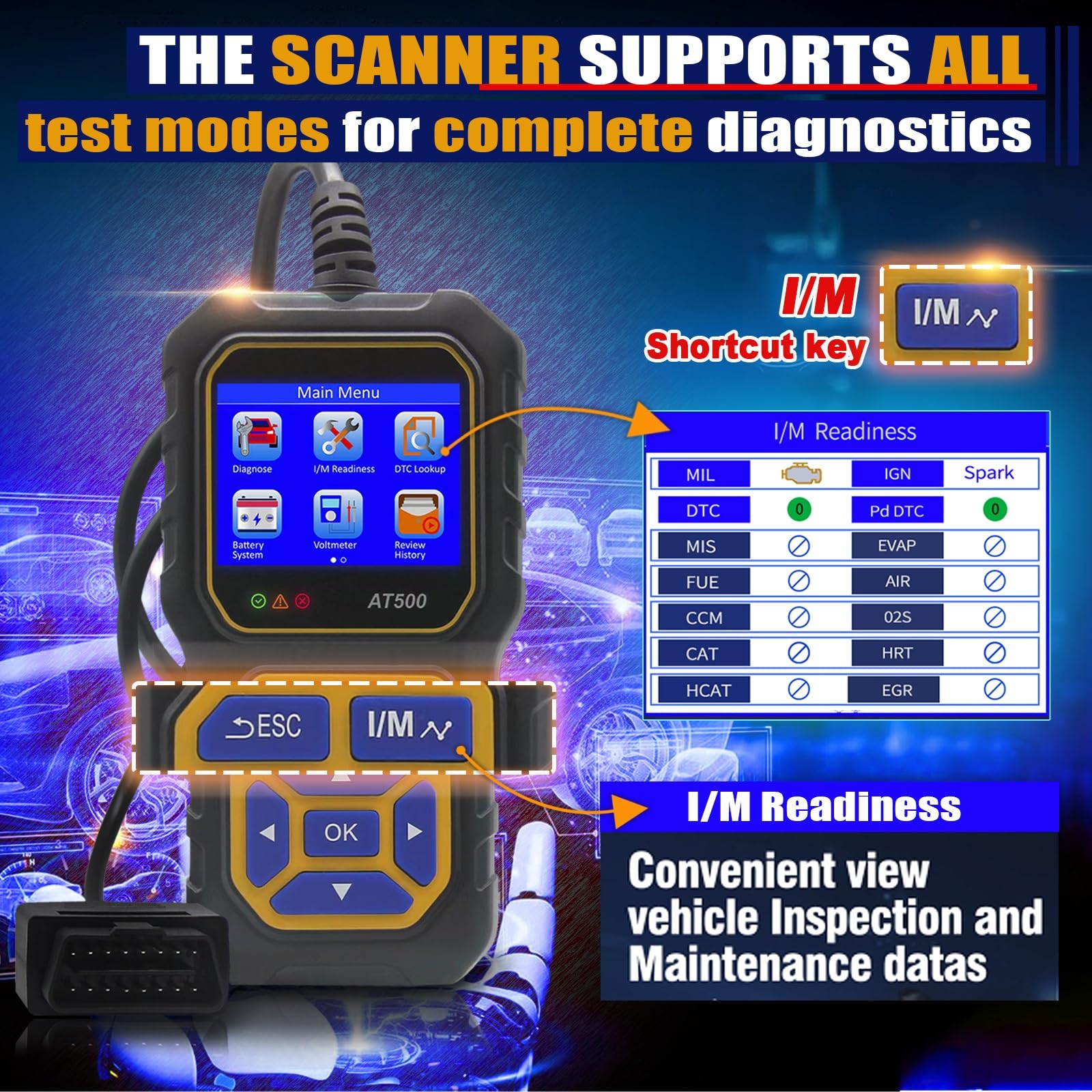 IKiKin Outil De Diagnostic De Scanner D'équipement De Diagnostic D'obd II Vérifiant Le Voltmètre De Moteur Avec Tous Les Protocoles D'OBDII/ Eobd Appropriés Pour La Fonction Complète D'OBD2