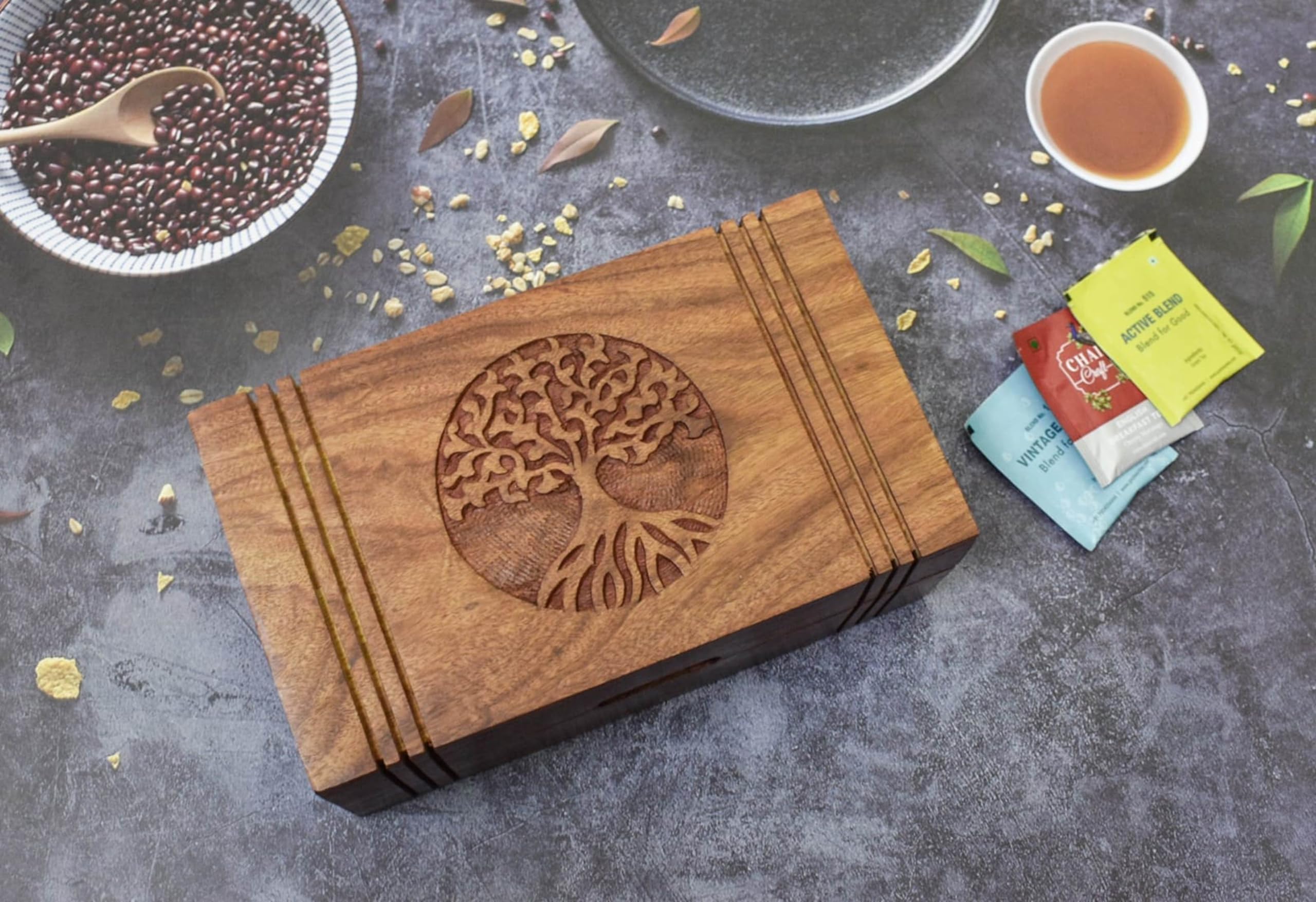 Boîte à thé en bois – Boîte à thé pour sachets de thé – Coffre à thé en bois dur gravé avec 6 compartiments – Boîte de rangement multifonction – Boîte à thé en bois – 25,4 x 15,2 cm (boîte à 6