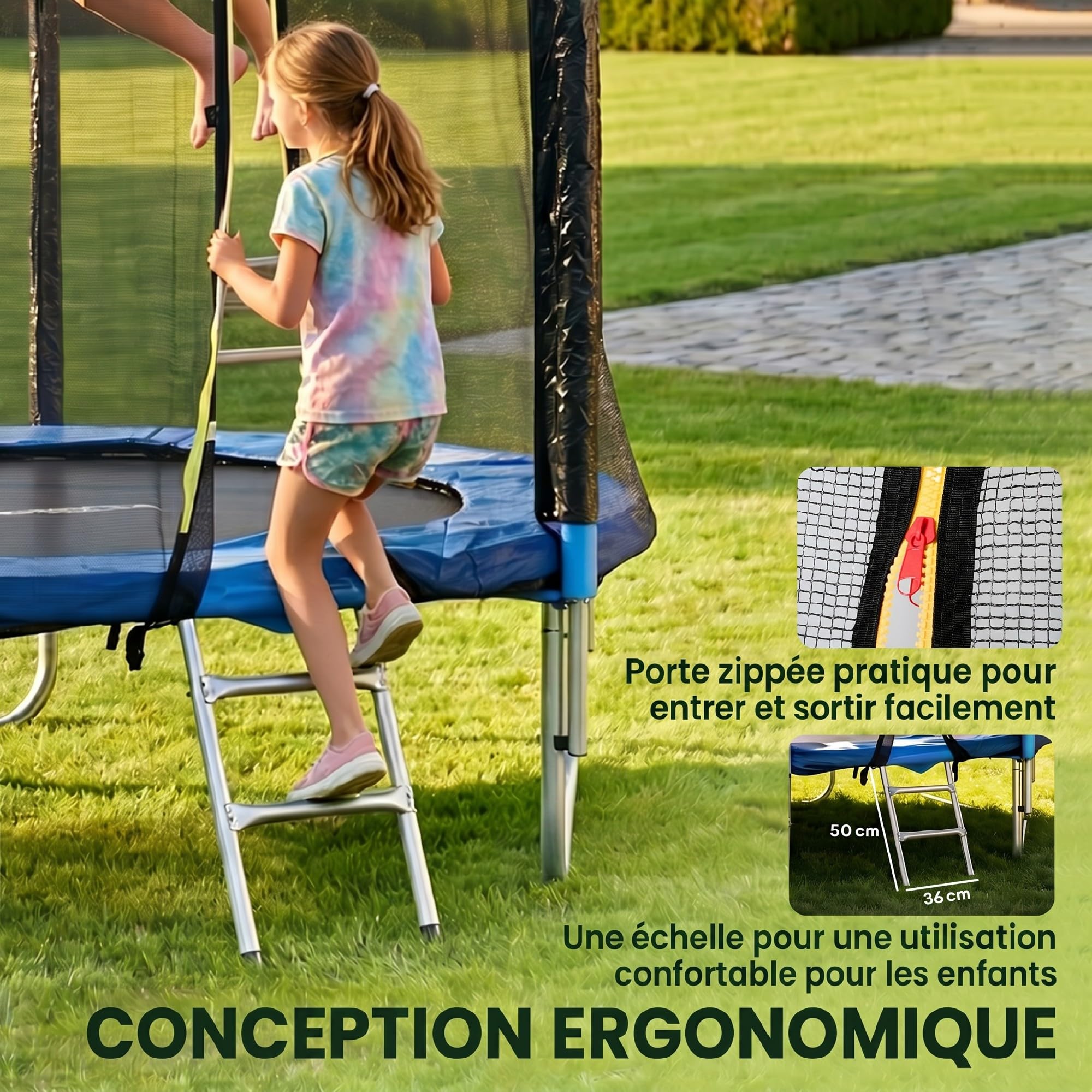 SPORTNOW Trampoline Exterieur Enfant avec Filet Sécurité Échelle Ø 180cm | Poteaux Rembourrés, Trampoline de Jardin, pour Enfants Adolescents et Adultes