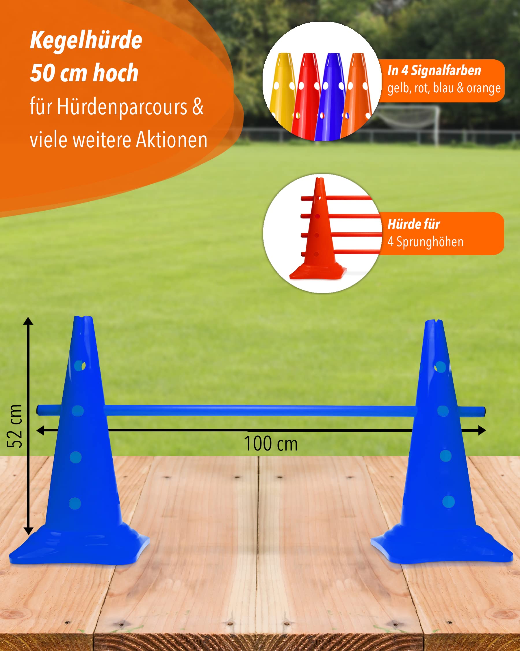 Kombi Kegel-Hürde 50 mit Stangen 100 cm – 4er Set – Parcours-Hindernis für Agility Training – Sprung- & Slalom-Hütchen für Hund, Sport, Pferd & Kind