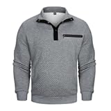 Men's Casual Sweatshirt Long Sleeve Waffle Stand Collar Button Quilted Pullover Sweatshirts with Pocket