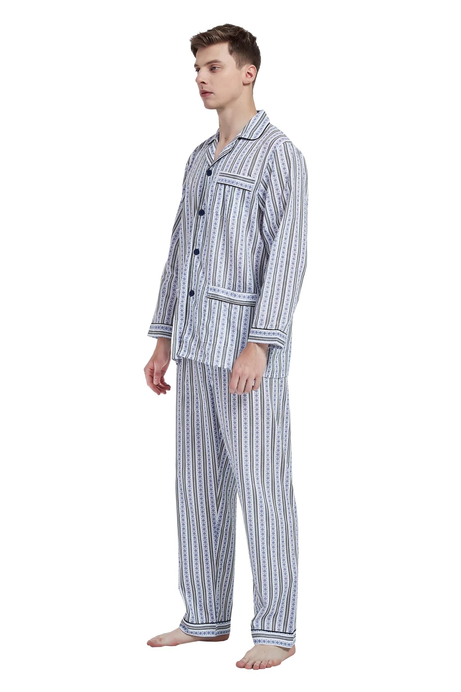 Amaxer Herren Zweiteiliger Schlafanzug Baumwolle Pyjama Set Nachtwäsche Hausanzug Langarm Oberteil mit Taschen Schlafanzughose mit Kordelzug