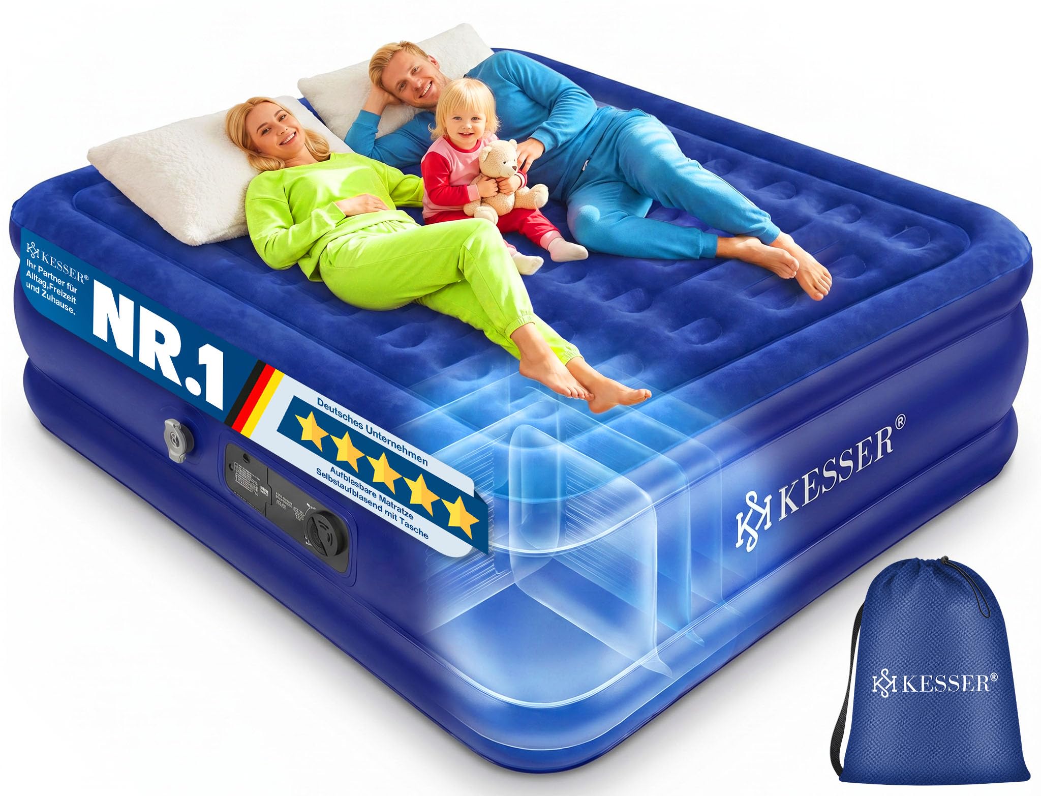 KESSER® Colchón hinchable con bomba eléctrica integrada, colchón de aire para camping o uso doméstico con bolsa, adecuado para 2 personas, 203 x 152,5 x 51 cm