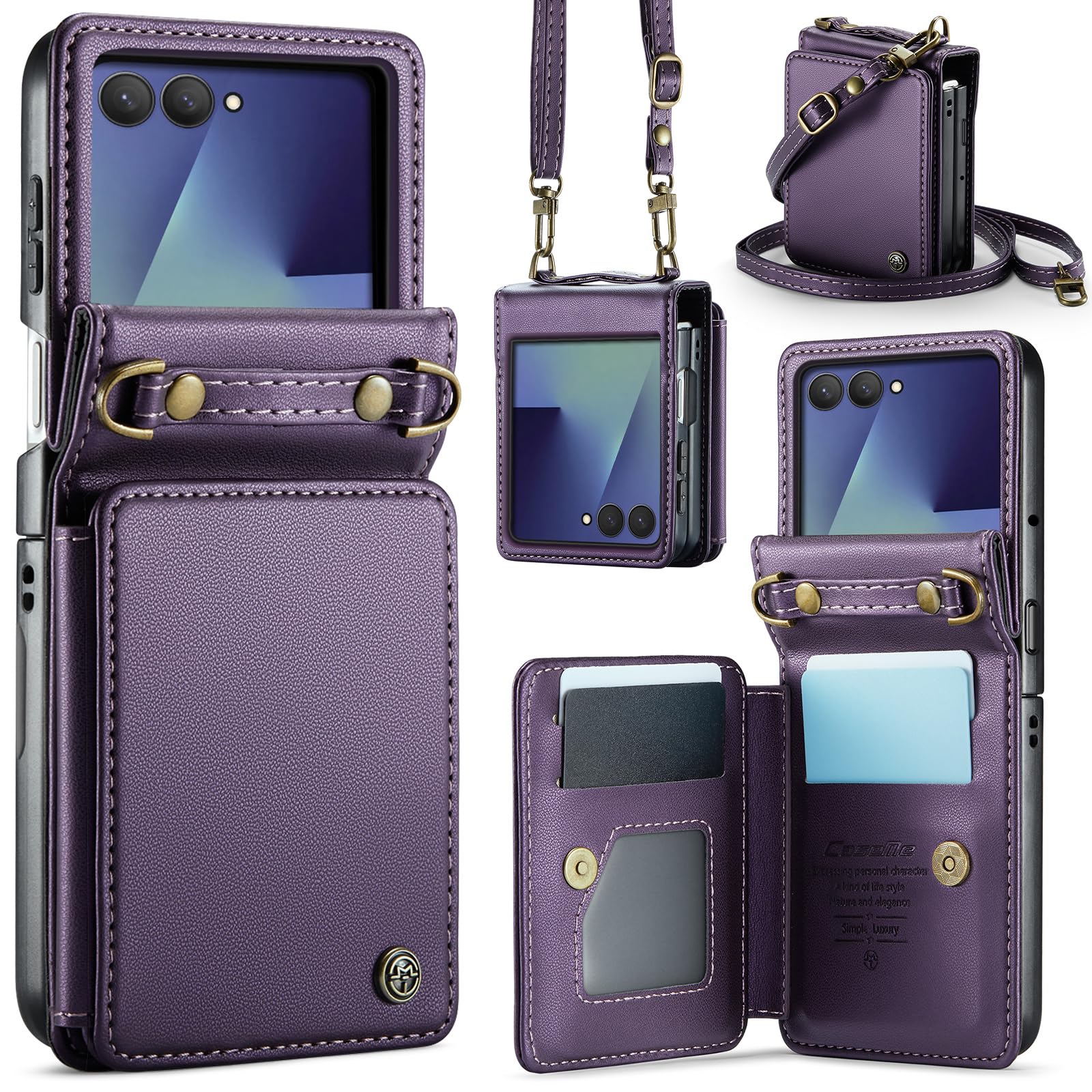 Kowauri for Samsung Galaxy Z Flip 7 Case with Card Holder, Galaxy Z Flip 7 PU Leather Wallet Case with Wrist Strap RFID Blocking Card Slot Shockproof