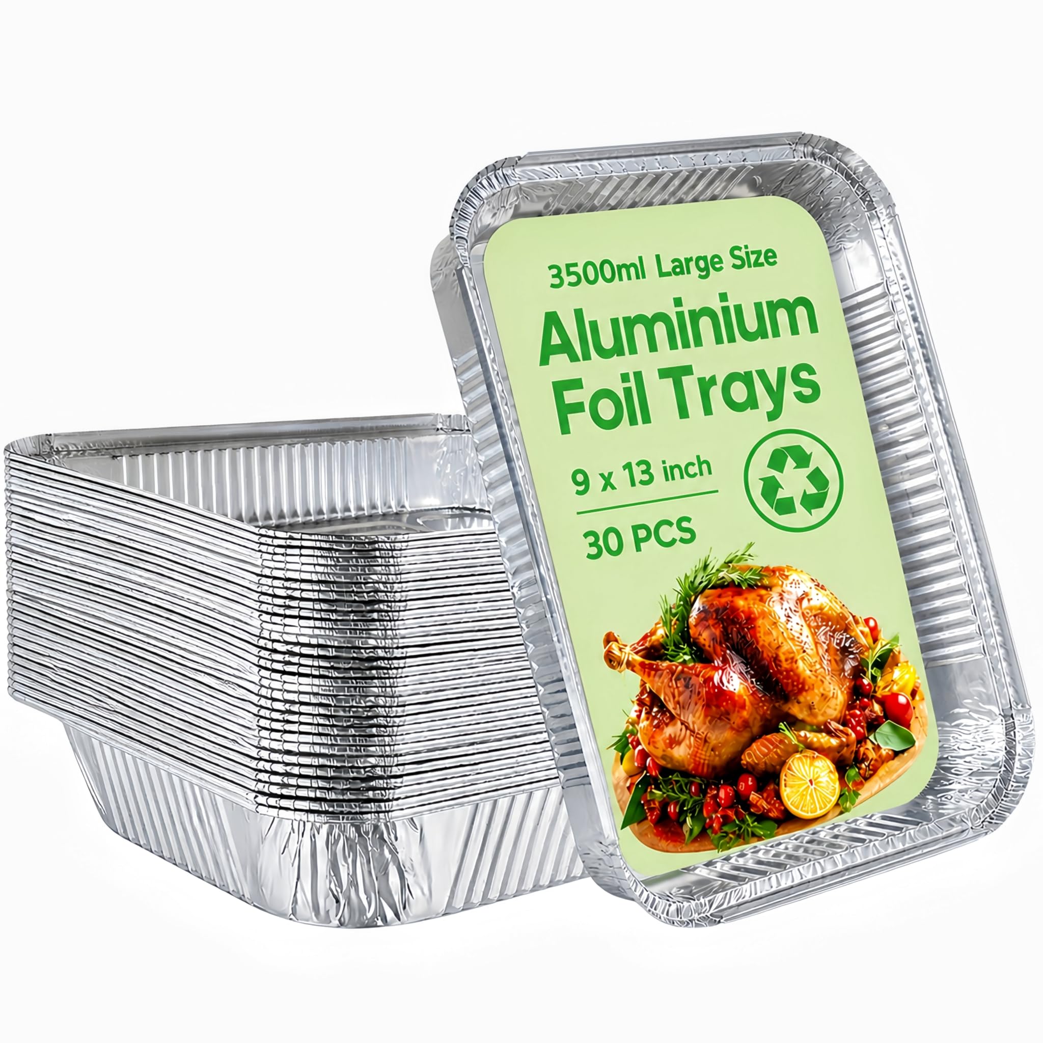 30 Pack Large Aluminium Foil Trays (32x21x5 cm) - Bulk Heavy Duty Roasting Pans & Deep Baking Tins - Reusable Rectangular Containers for Catering, BBQ, Meal Prep & Freezer, 9x13inch (3500ml)