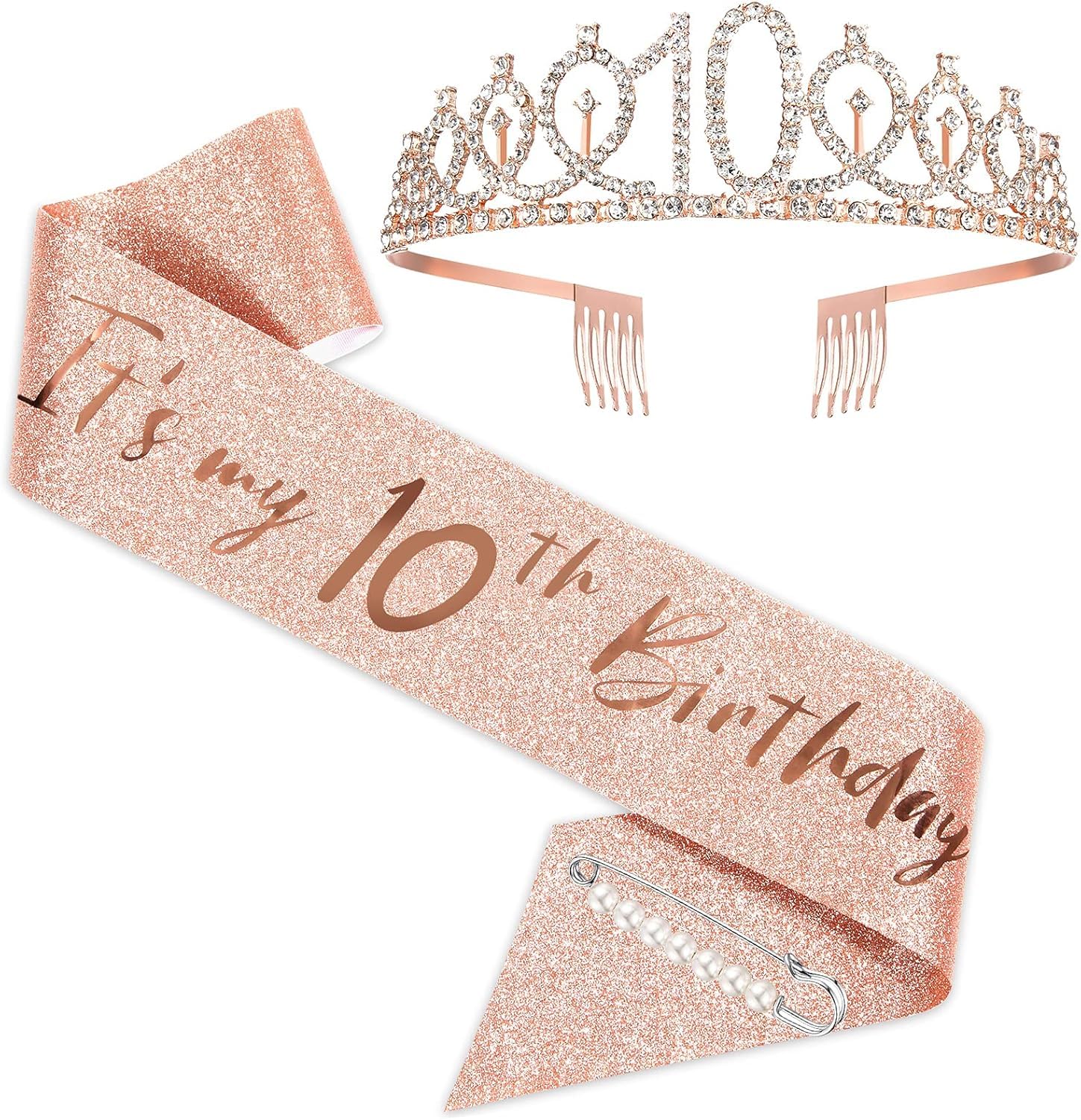 Ensemble Echarpe et Couronne pour 10e Anniversaire,Anniversaire Ceinture et Diadème,Birthday Sash and Tiara,Happy Birthday Party Supplies Décoration pour Femme Fille(Or Rose)