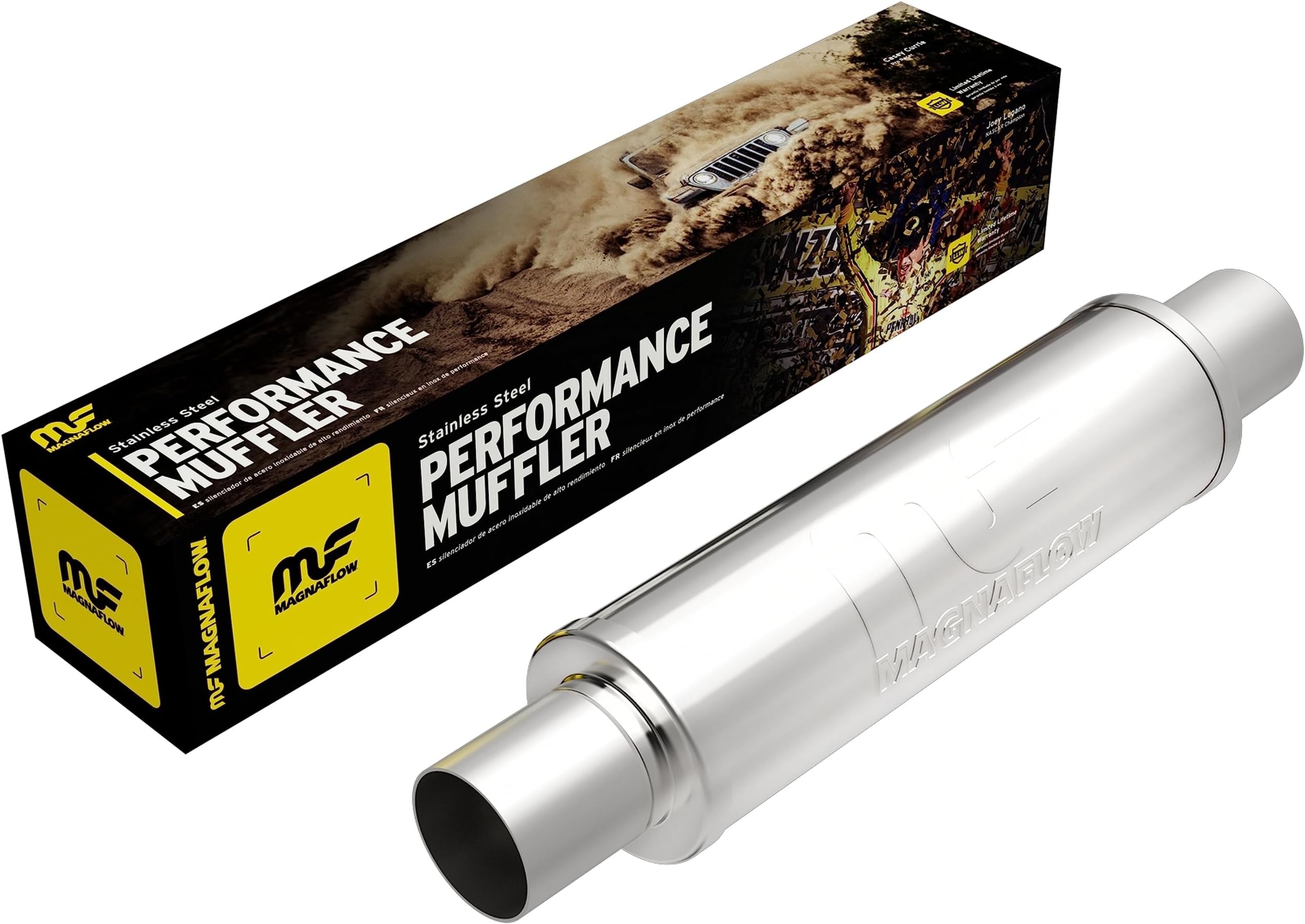MagnaFlow Performance Exhaust Muffler 10416: 2.5"/2.5" Inlet/Outlet, 4x4x14" Round, Stainless Steel, Satin Finish