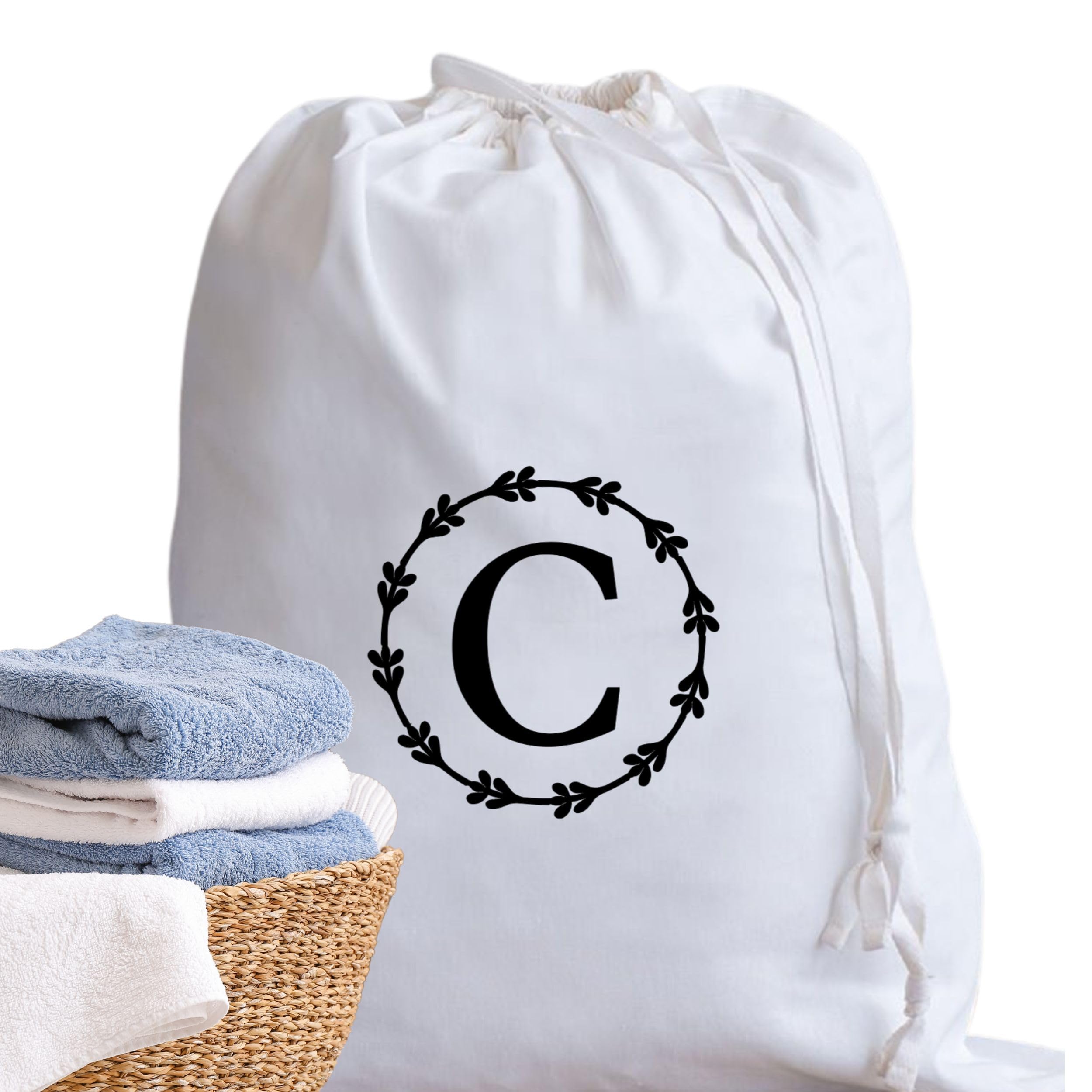 A-Z Cotton Laundry Bag Personalised Initial Gifts - Holiday Essentials Bathroom Accessory Dry Bag Drawstring Bags for Travel Camping University Essentials Personalised Gift Monogram C