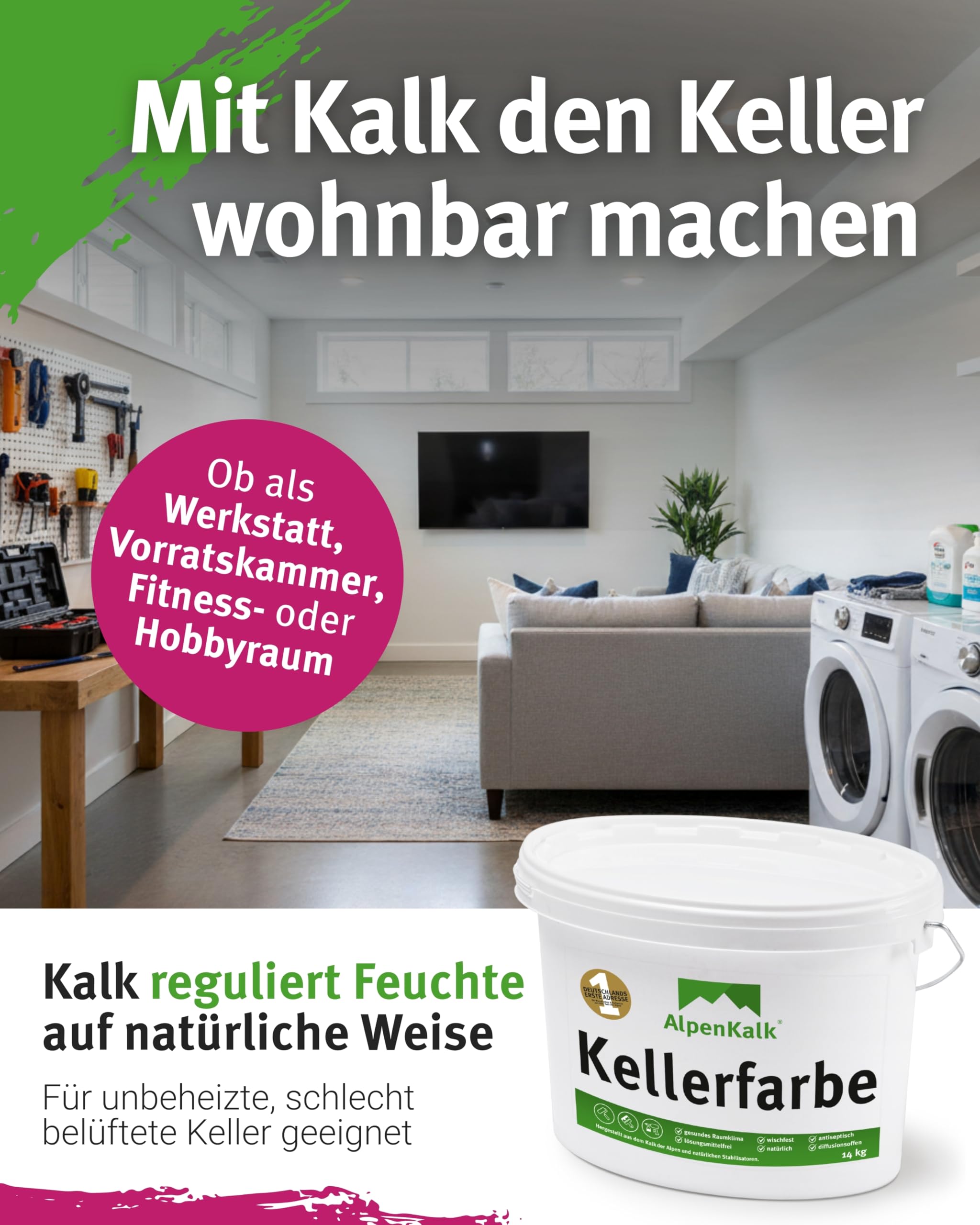 Weiße Kellerfarbe I 14 kg für ca. 70m² I Hochdeckende & wischfeste Kalkfarbe I Atmungsaktiv & Anti-Schimmel Formel für ein natürliches Raumklima I Perfekt für Keller & feuchte Innenräume