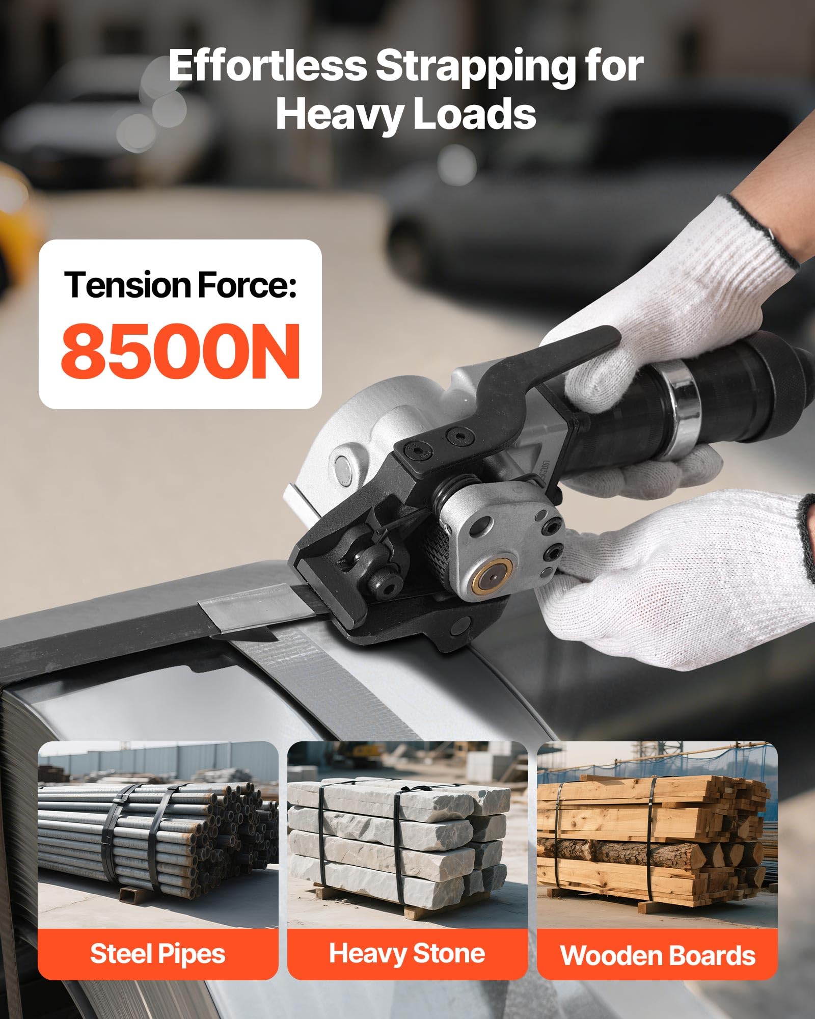 VEVOR Flejadora Neumática de Acero, Fuerza de Tensión de 8500 N, Tensor y Cortador de Flejado para Correa Metálica de 19 mm de Ancho, para Palés, Flejado a Granel en Fábricas, Almacenes y Logística