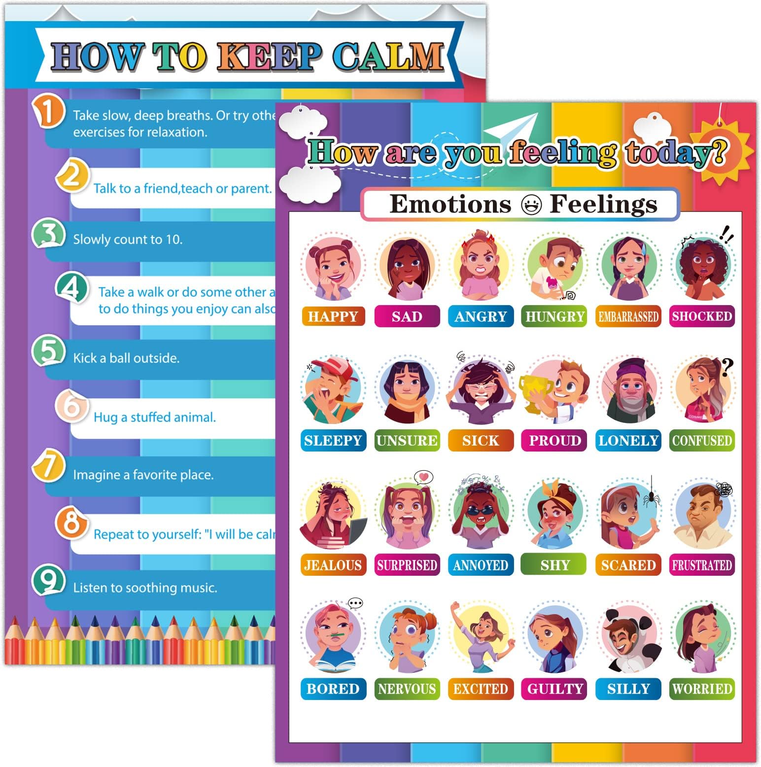 Feelings Chart and Keep Calm Posters 14*19inch How are You Feeling Wall Art Prints Bulletin Board Posters Educational Posters sign for Classroom Back to School Supplies Preschool Elementary School
