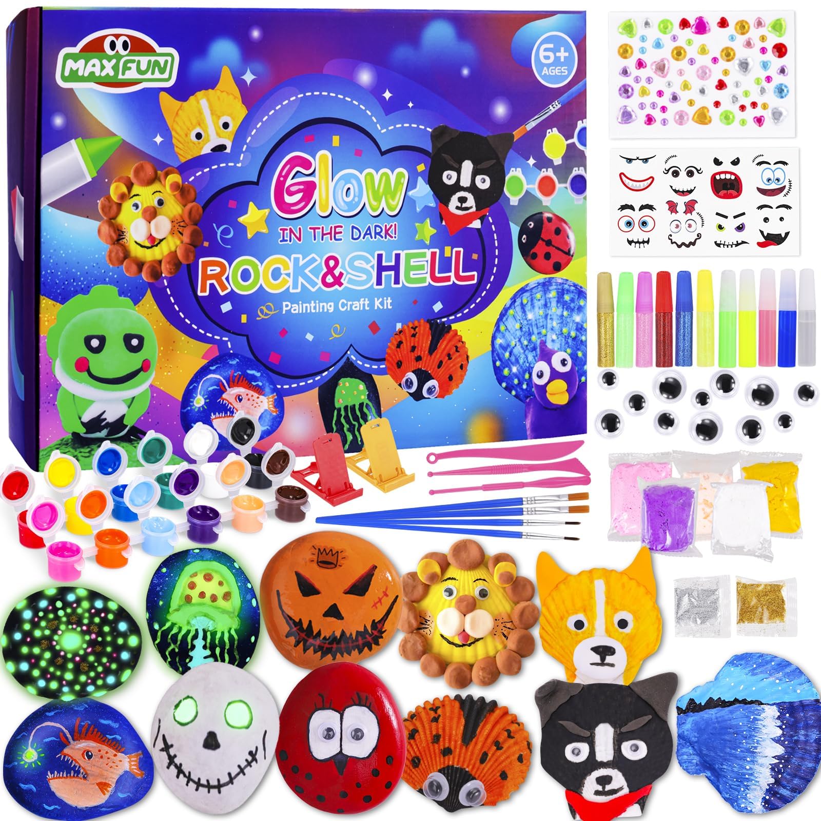 Max Fun Glow in The Dark Rock Painting Kits - Sea Shell & Rock DIY Arts and Crafts Kit Gifts for Kids Ages 4-12,Craft Activities Set Creative Paint Toys for Boys Girls Easter Birthday Party Gifts