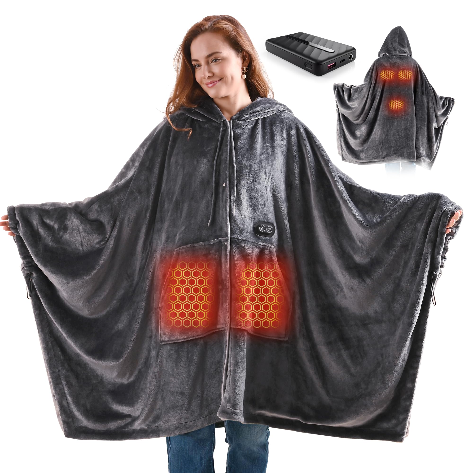HOTHUGZ Cordless Wearable Heated Blanket with Hood, 10000mAh, 34x54