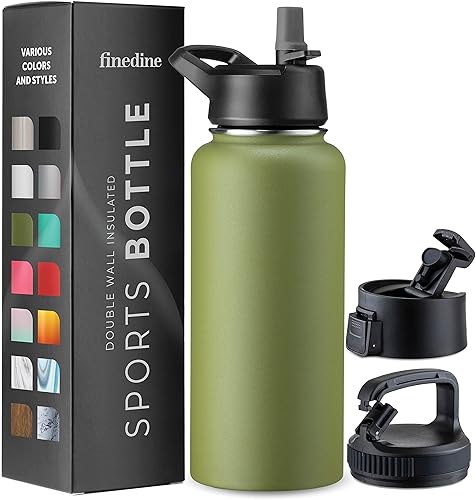 FineDine - Botella de agua de acero inoxidable con tapa de pajilla, tapa abatible, tapa de boca ancha (32 oz), botellas de agua aisladas, mantiene
