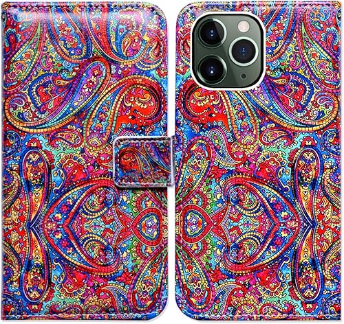 Bcov Funda tipo cartera para iPhone 11 Pro, diseño de cachemira brillante, de piel, con ranura para tarjeta de crédito, soporte para tarjeta de