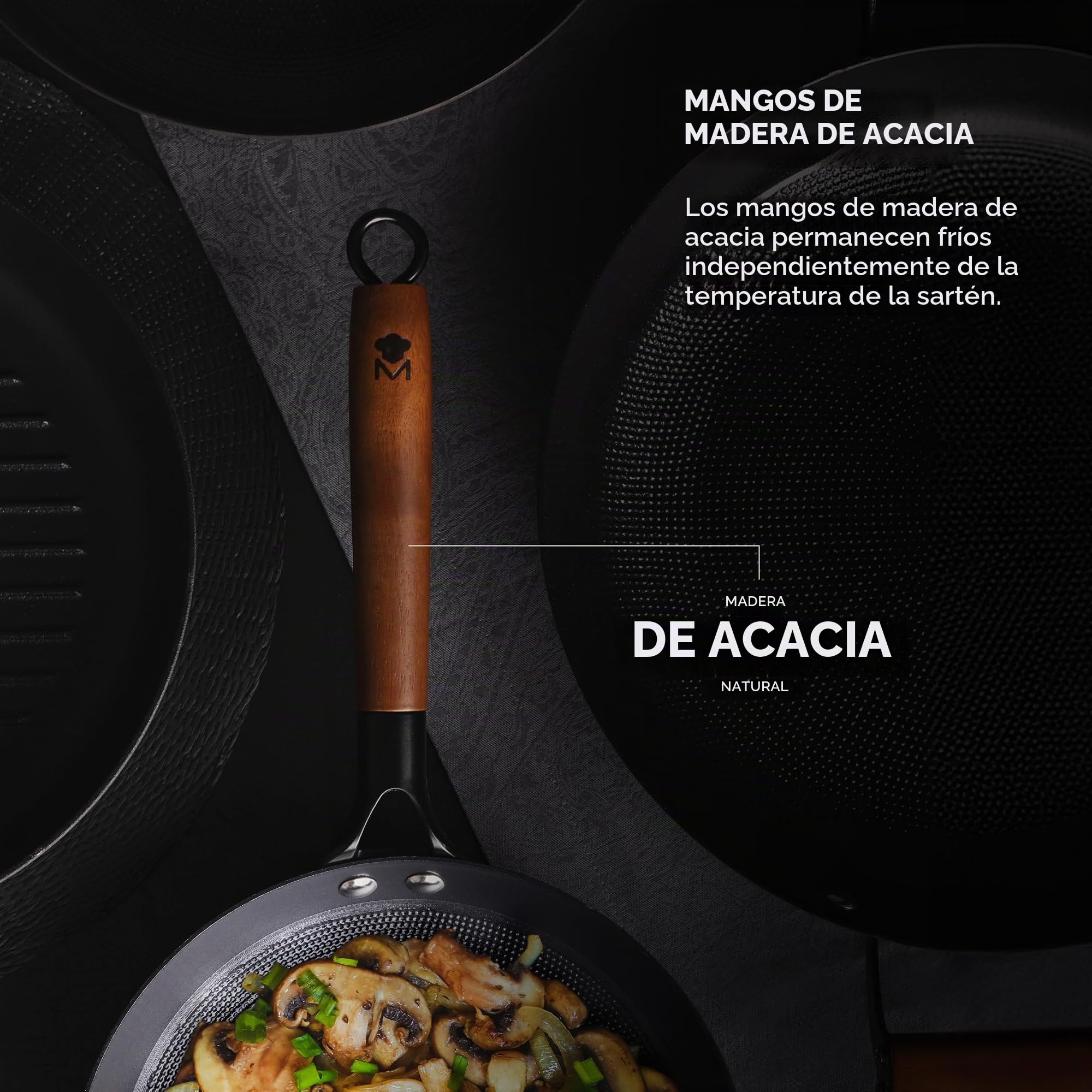 MasterPro Odín - Juego de Tres Sartenes de 20, 24 y 28 cm de Hierro Prensado con Antiadherente Cerámico Reforzado con Patrón de Panel de Abeja, Mango Ergonomico, Apto para Inducción, Libre de Tóxicos