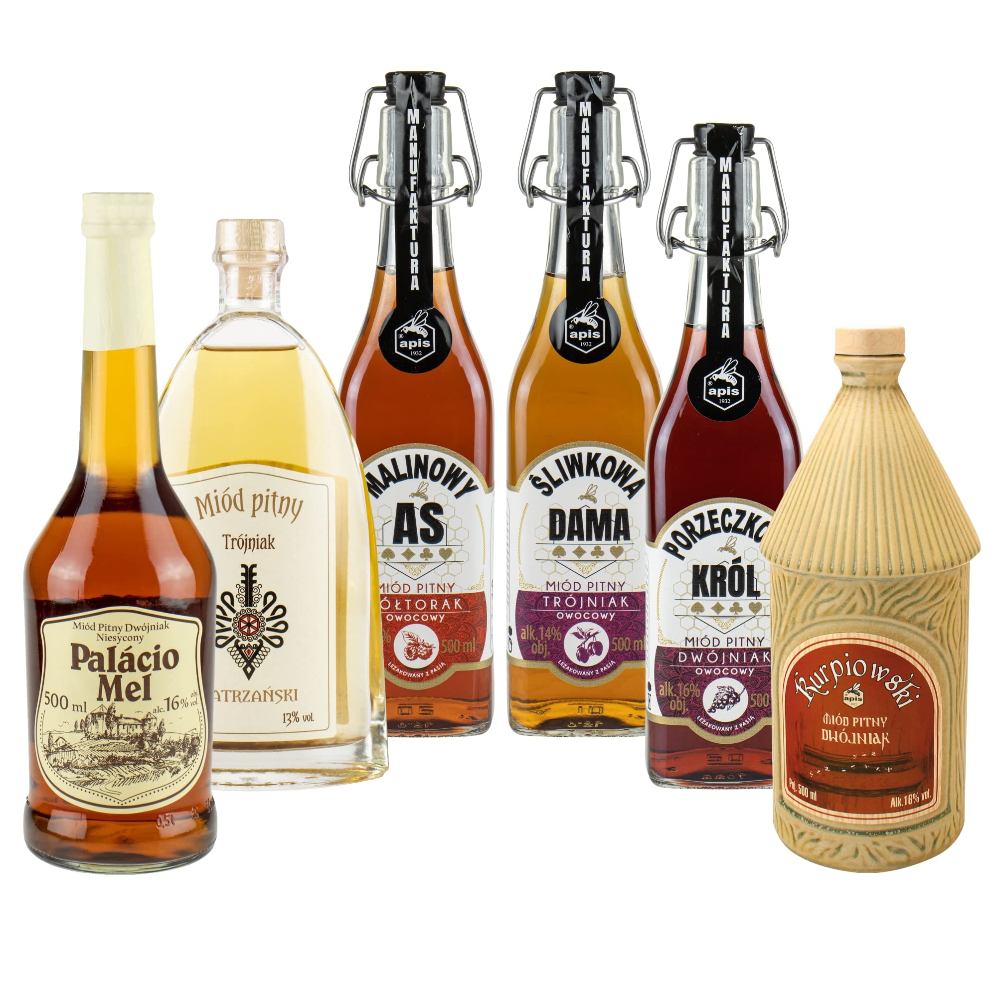Setz von 6 Mets (Honigwein Półtorak-Eineinhalber/ 3x aromatisierten Dwójniak-Halber / 2x Trójniak-Drittel) | 3000ml | 13-16% Alkohol Metwein | Polnische Produktion