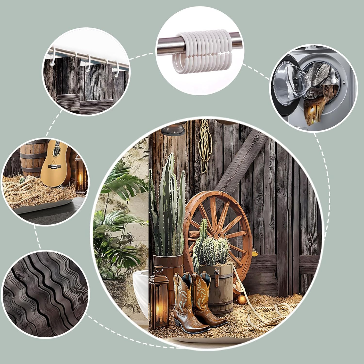 Western Cowboy Shower Curtain Farmhouse Barn Door Tropical Cactus Country Ranch Cowboy Boots Hat Lamp Guitar Rustic Wooden Board Bath Curtain Fabric Bathroom Accessories Decor with Hooks 90W x70L