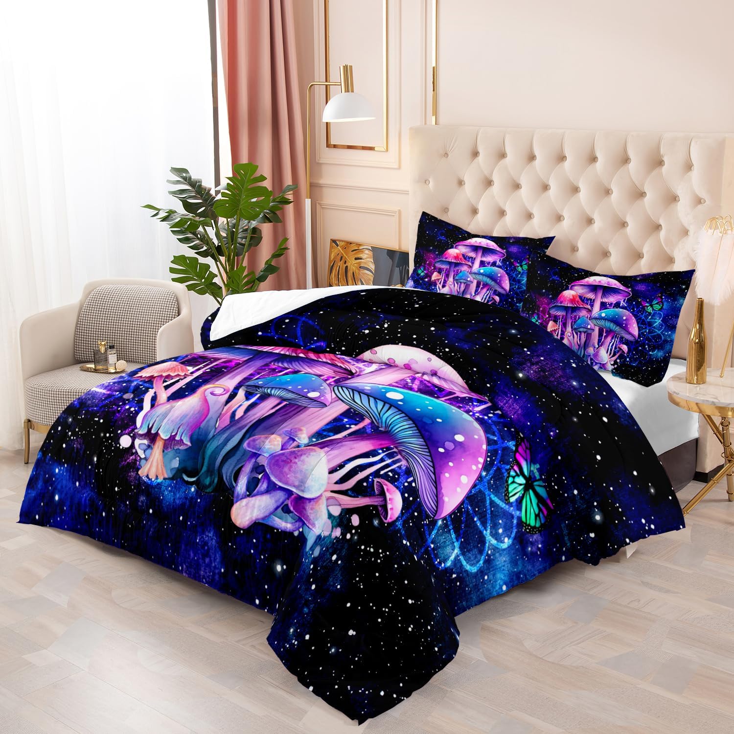Nttopship Fantasy Mushrooms Comforter Set Queen,Galaxy Fantasy 3 Pieces Bedding Set for Teens Kids,Violet Down Alternative Bed Comforters Bedding Sets for All Season