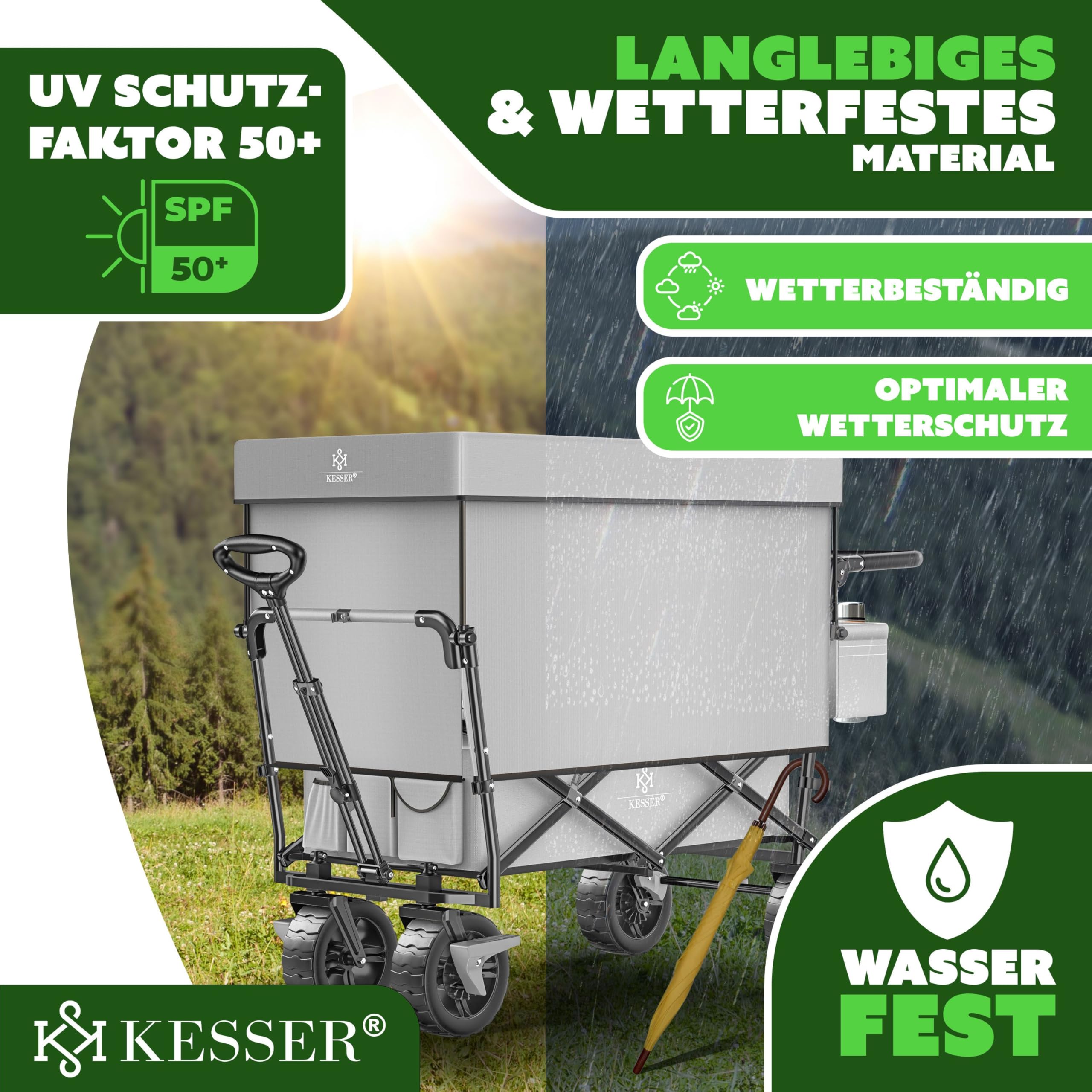 KESSER GT9000 Chariot de transport pliable avec toit - Charge maximale : 150 kg - Avec roues en caoutchouc dur et freins de stationnement (avant et arrière) - Avec serrure, couverture, intempéries et