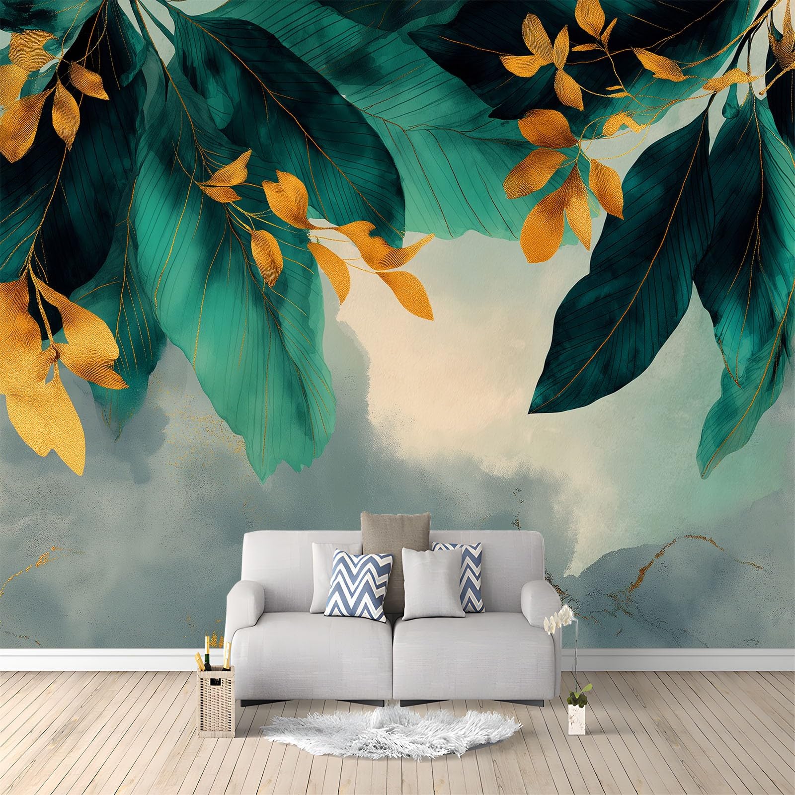 Tapeta z włókniny 350 x 256 cm (szer. x wys.), ciemnozielona, fototapeta - abstrakcyjne wykwintne kwiaty liście dekoracja ścienna z dekoracyjnymi malowidłami ściennymi