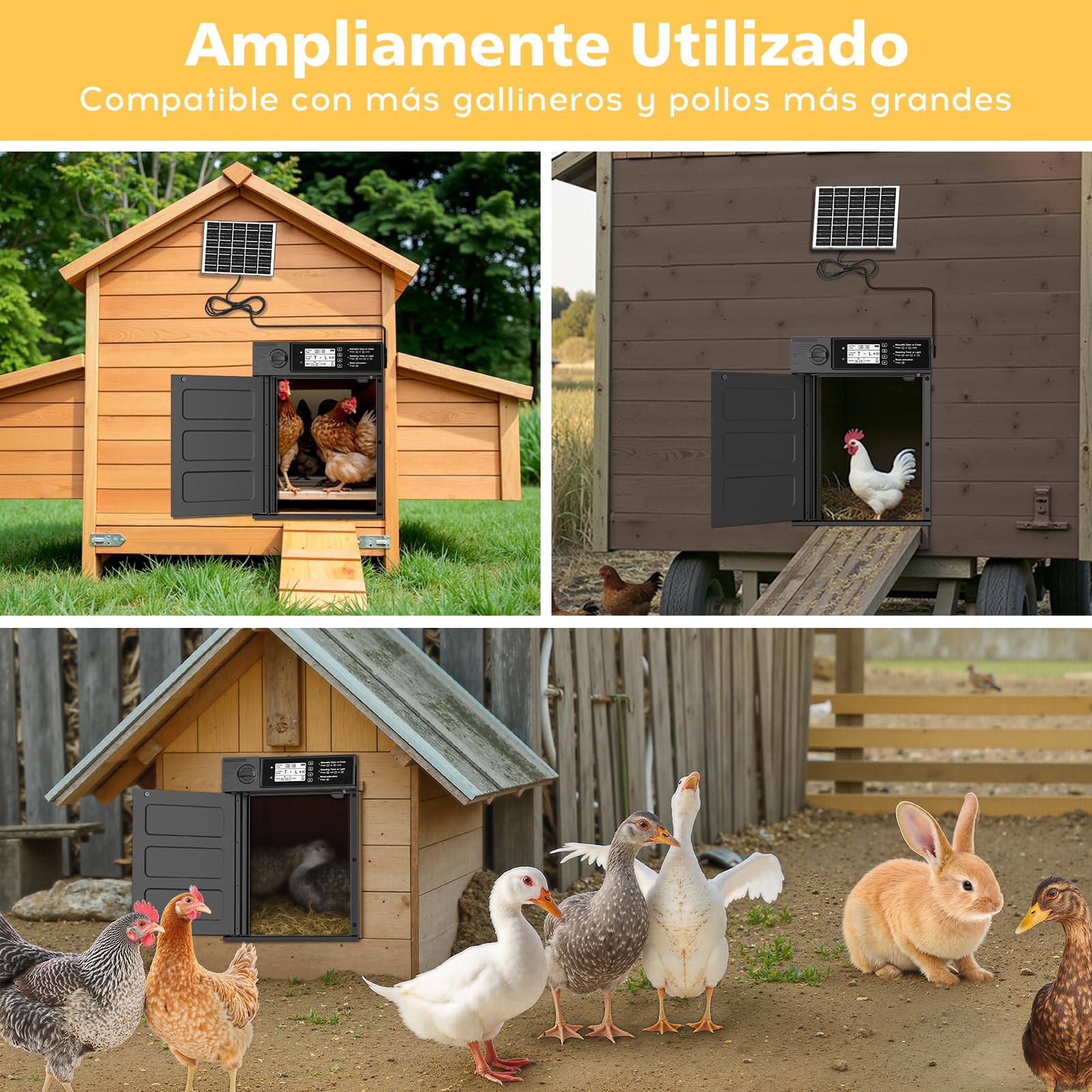 Puerta de pollo automática grande solar, aluminio, apertura lateral, tapa eléctrica con panel solar 7W, LED, sensor de luz, temporizador, mando