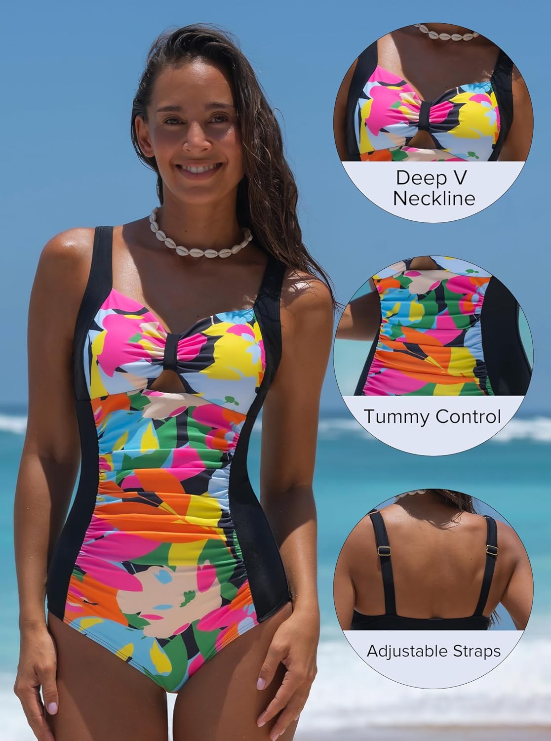 popvil Sexy One Piece Swimsuit for Women Slimming Tummy Control Bathing Suit Color Block Swimwear - Image 4