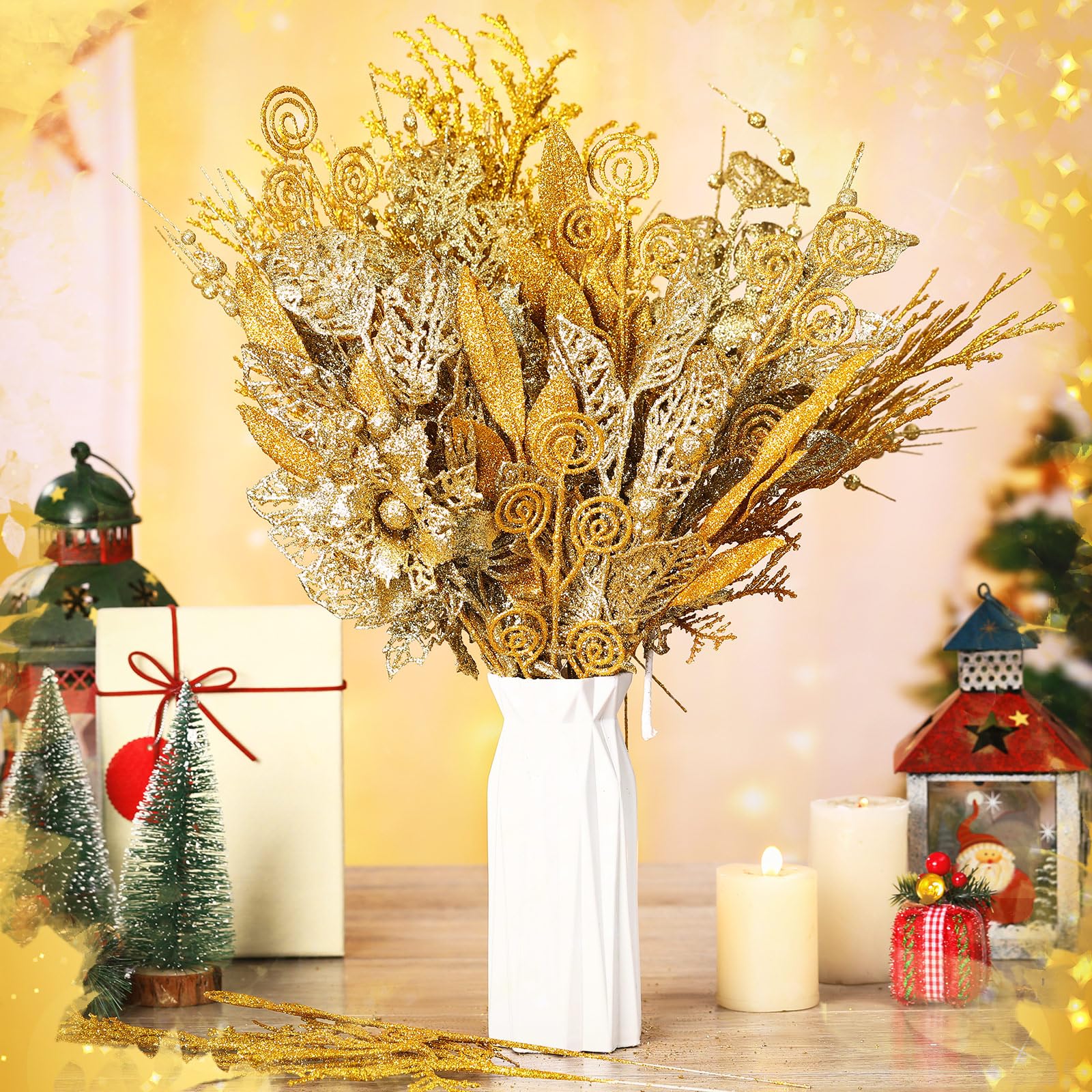 75 Pcs New Year's Day Artificial Leaf Sprays Picks Gold Glittered New Year's Eve Tree Ornaments Floral Stems for Gold Happy New Year Vase Bouquets Table Centerpieces Wedding Decorations