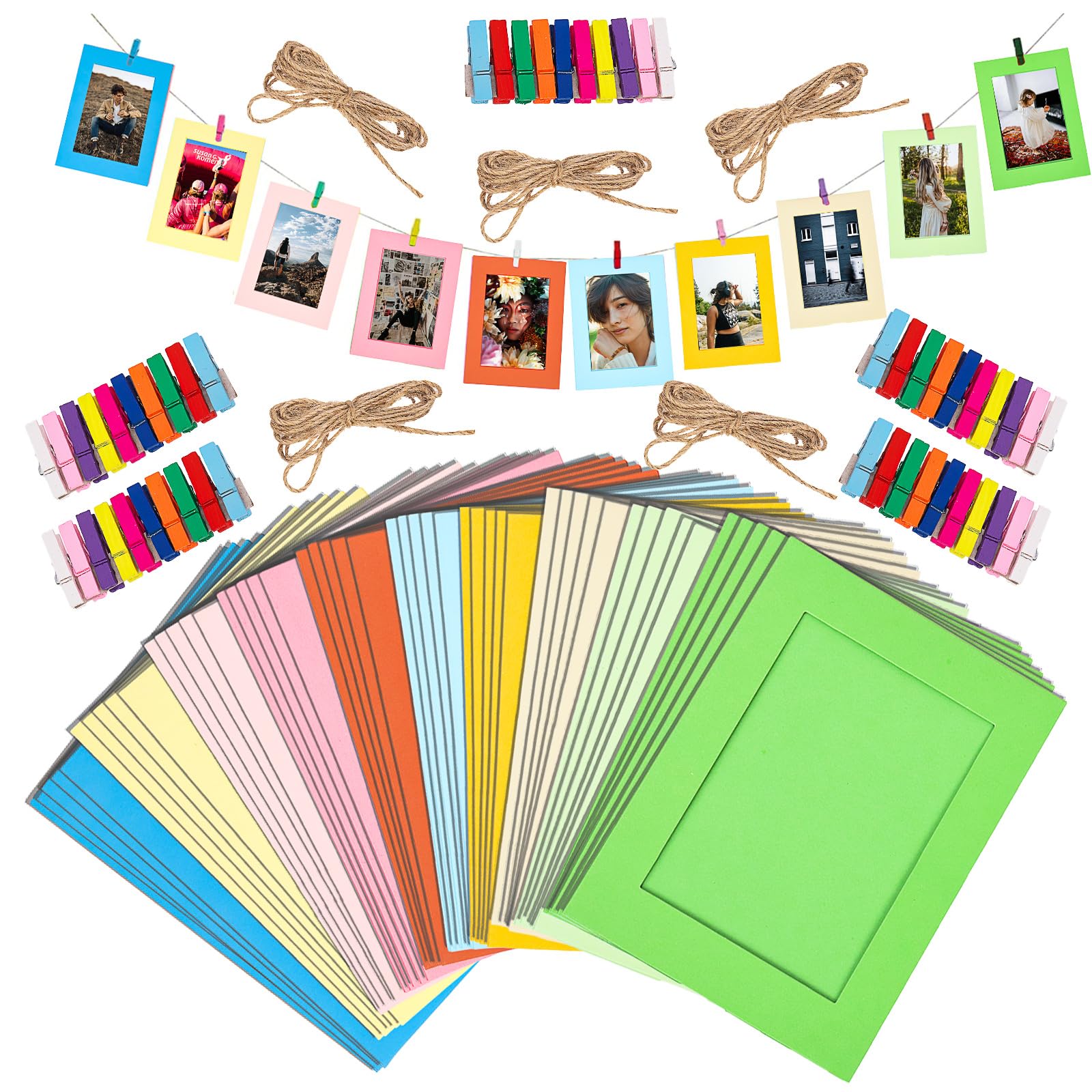 Tanstic 105Pcs 5 Inch 10 Colors Paper Picture Frames Kit with Wooden Clips and String, Cardboard Picture Frames DIY Cardboard Photo Hanging Display Paper Photo Frame Cards Gallery Frames