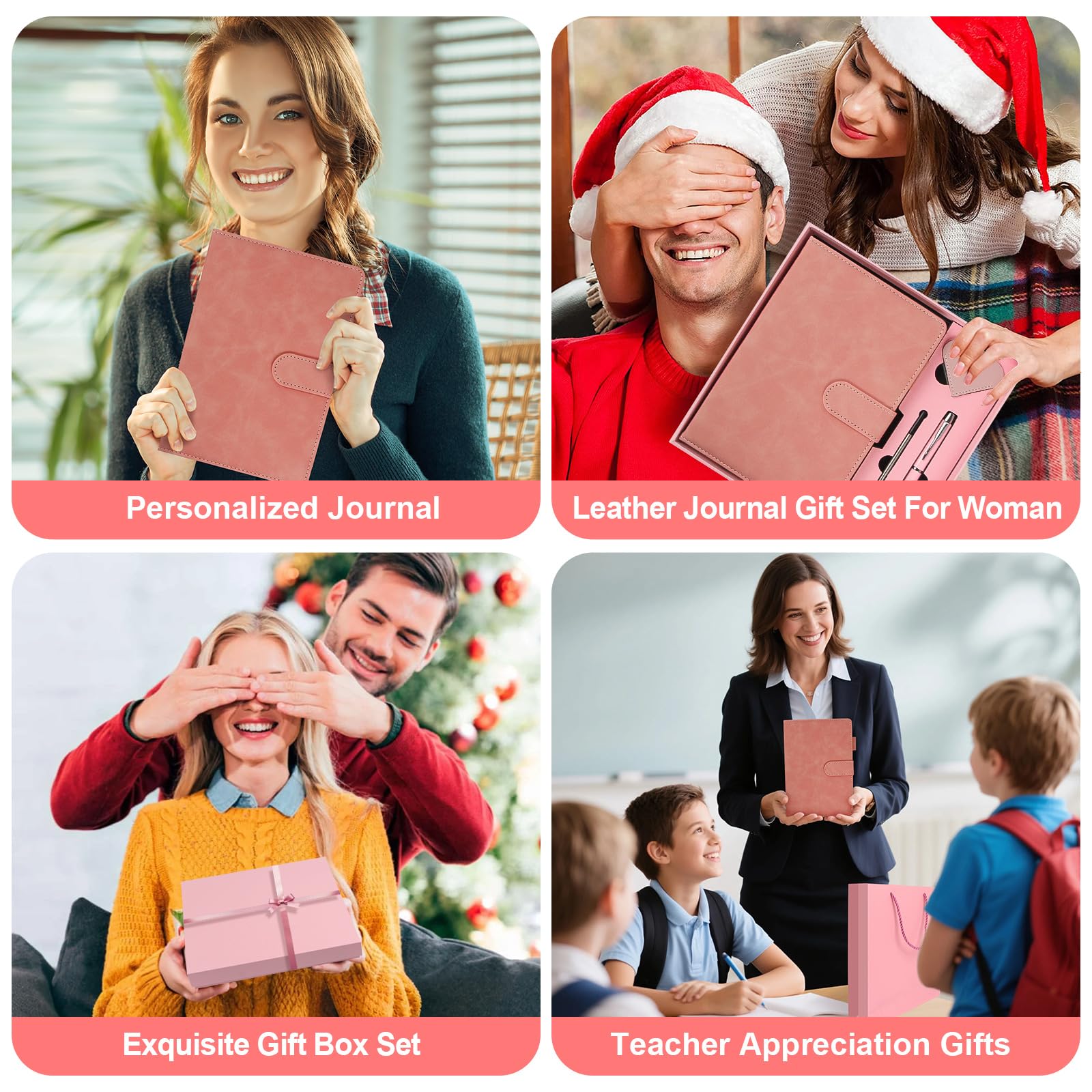 Juego de cuaderno de cuero para regalo, diario de tapa dura A5 con bolígrafo y 6 marcadores de corazón, caja de regalo + bolsa (rosa)