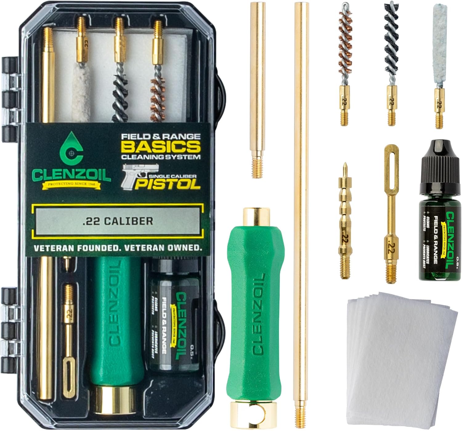 Clenzoil Pistol Basics Single-Caliber Cleaning Kit - All-in-One Gun Cleaning Kit - Gun Maintenance & Firearm Care - with Bore Brushes, Gun Oil & More