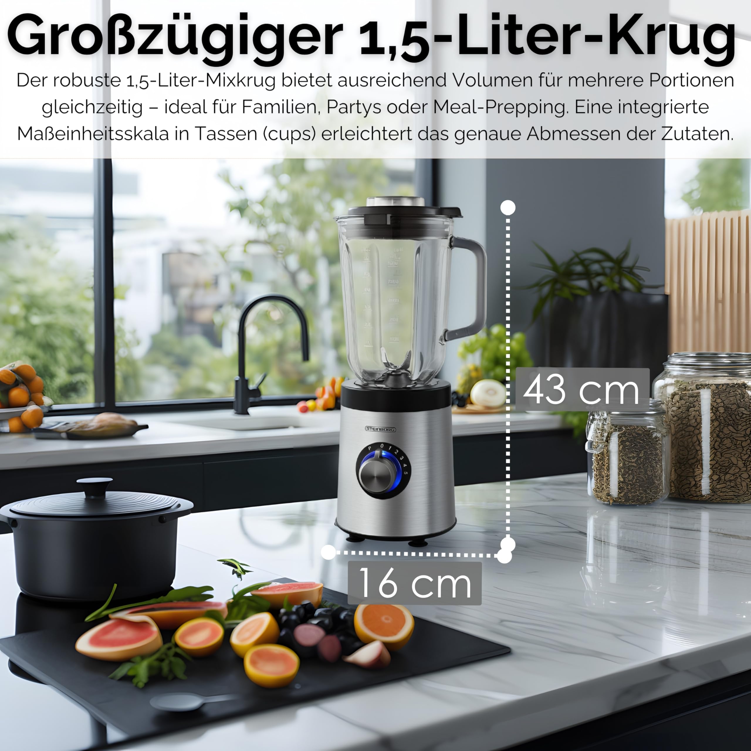 Standmixer 800 Watt 6-Fach Metallmesser 1,5 Liter 5 Stufen Glas Edelstahl Pulsfunktion Universal Power Mixer Eiweiß Shaker Hand Blender Ice Crusher Zerkleinerer Smoothie Maker Stand Mixer