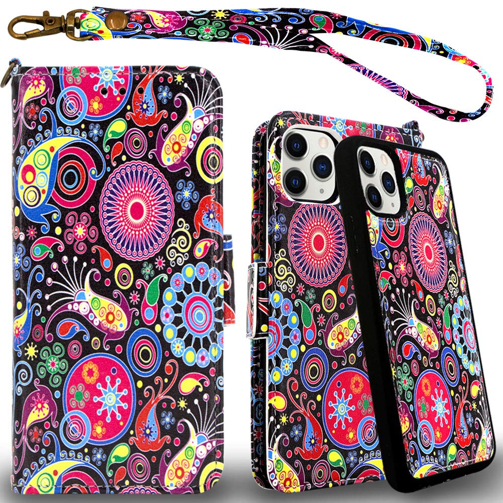 Mefon iPhone 11 Pro Case Wallet Leather Detachable, Wireless Charging Compatible, with Tempered Glass and Wrist Strap, Magnetic Detachable Flip Folio Cases for Apple iPhone 11 Pro 5.8 (Paisley 2)