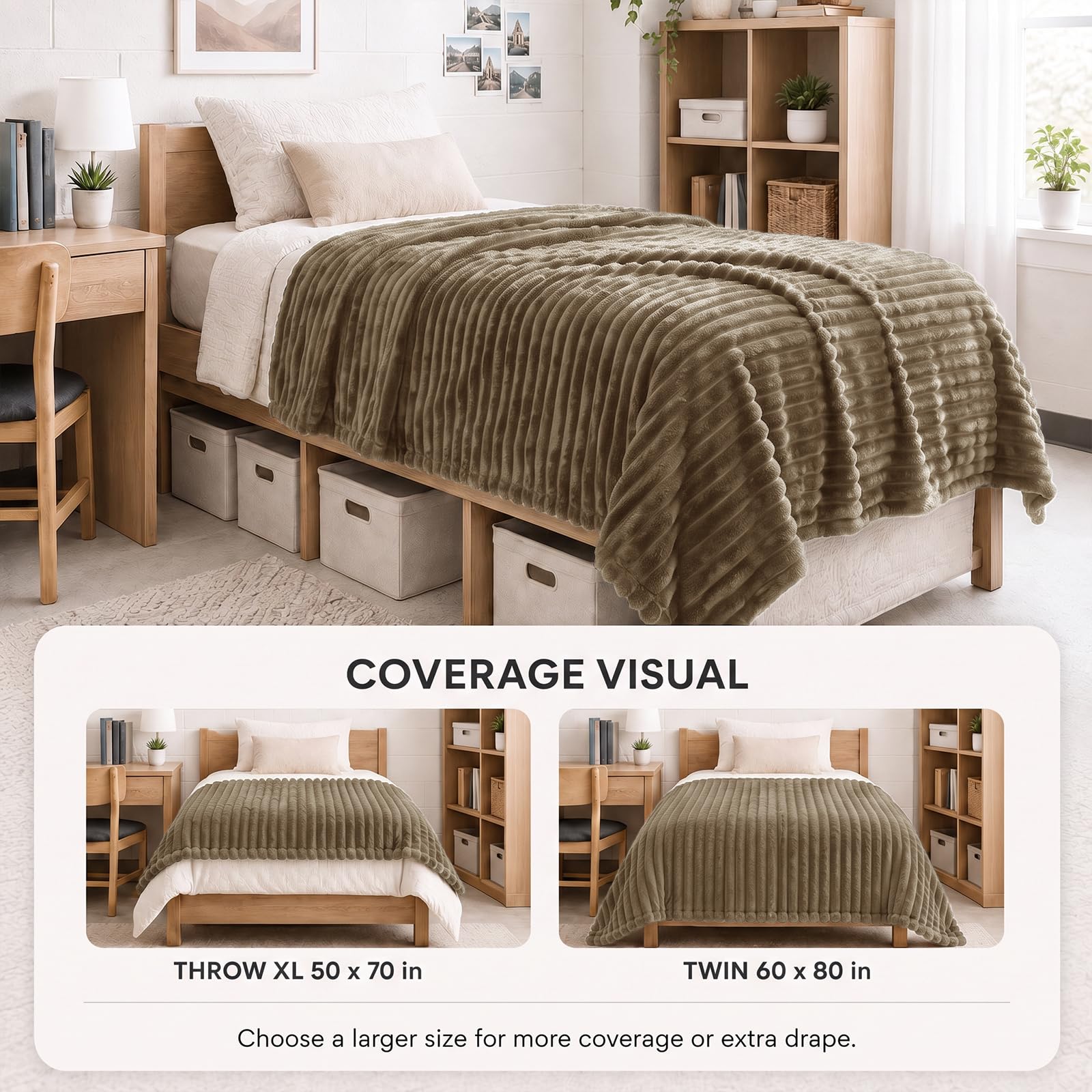 HIMEET Camel Twin Blanket for Bed, 300GSM Ribbed Fleece, 60 x 80 Inches view 3
