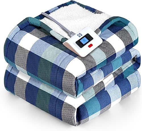 SEALY Manta eléctrica tamaño matrimonial, manta eléctrica de felpa corta a cuadros y sherpa con 10 niveles de calefacción y apagado automático de 1