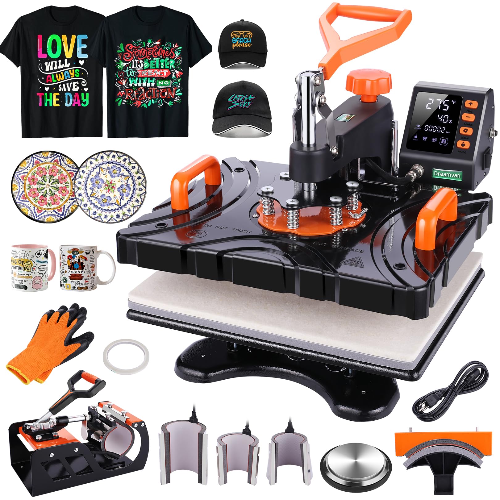 Upgraded 8 in 1 Heat Press Machine, 12" X 15" Digital Industrial Sublimation Heat Press, 360° Swing Away Heat Press, with 11oz Mug Heat Press, Hat Heat Press Machine, for T-Shirt/Hat/Cap/Mug/Plate