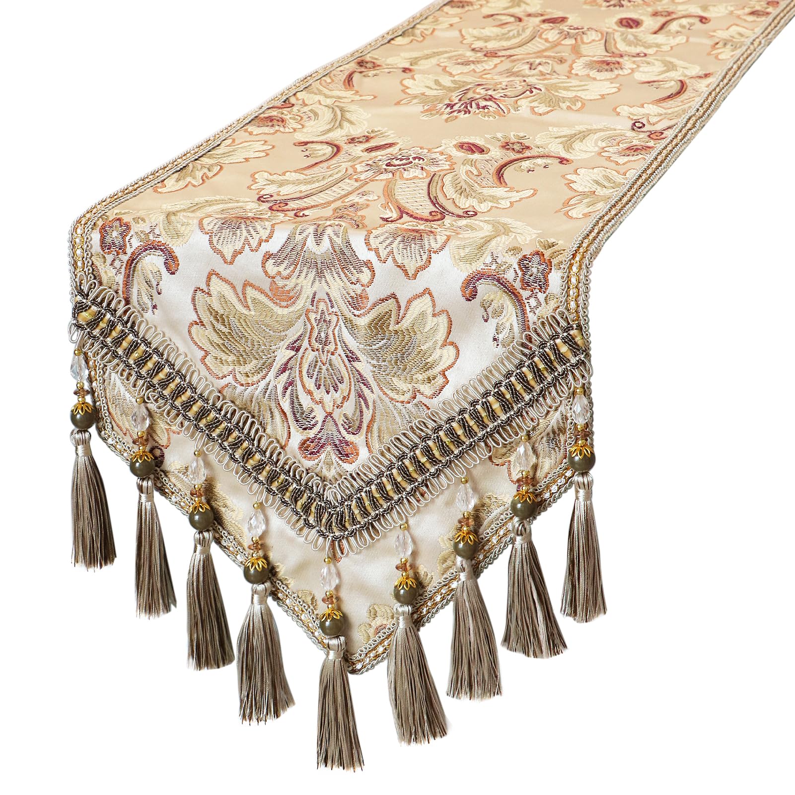 kilofly Elegant Floral Brocade Jacquard Table Runner Tassels (60 x 12 inches)