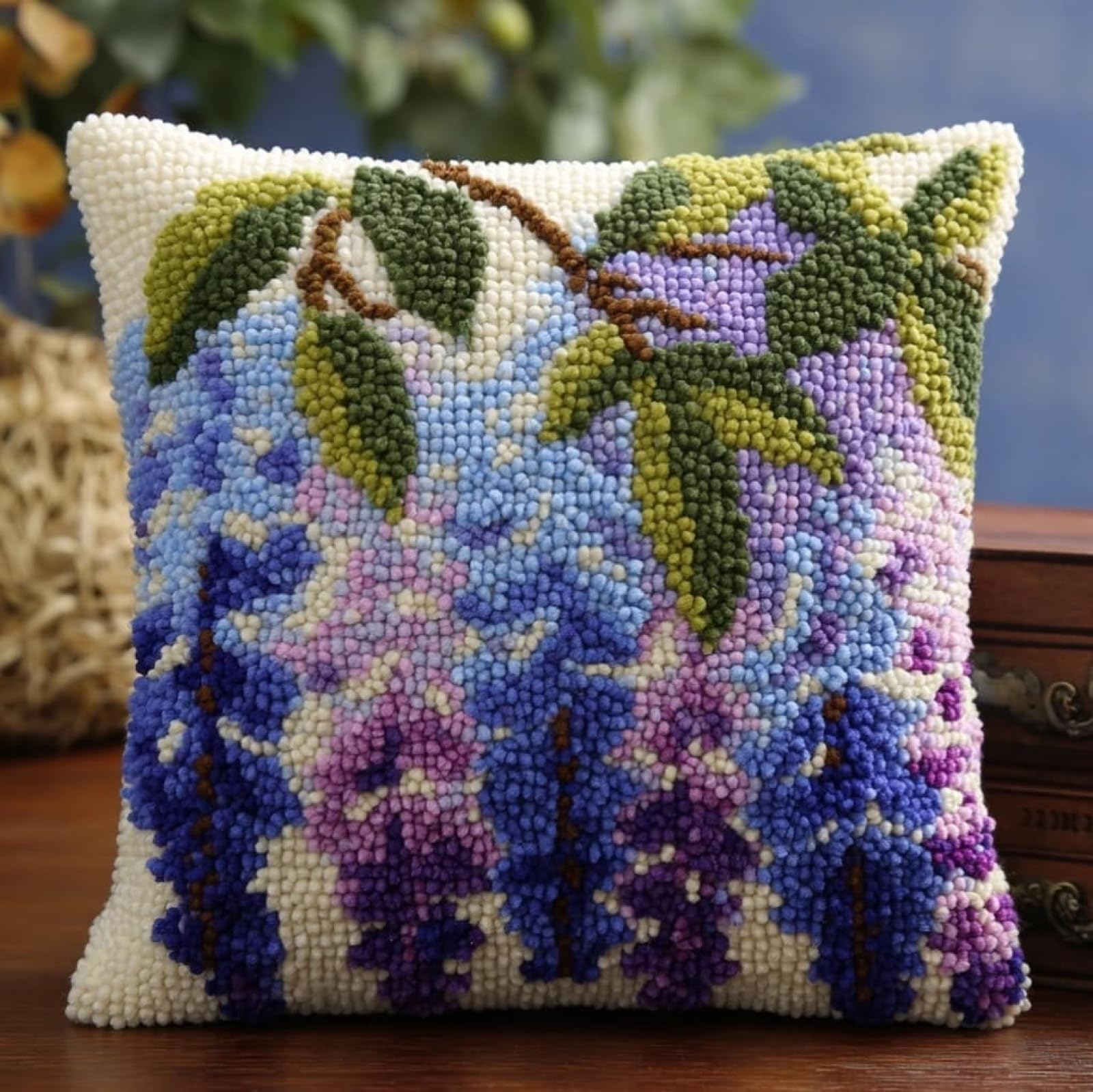 AxiangziK DIY Latch Hook Cushion Cover Kit,Wisteria 43x43cm Handmade Needlework Kit for Sofa & Bedroom Decorations