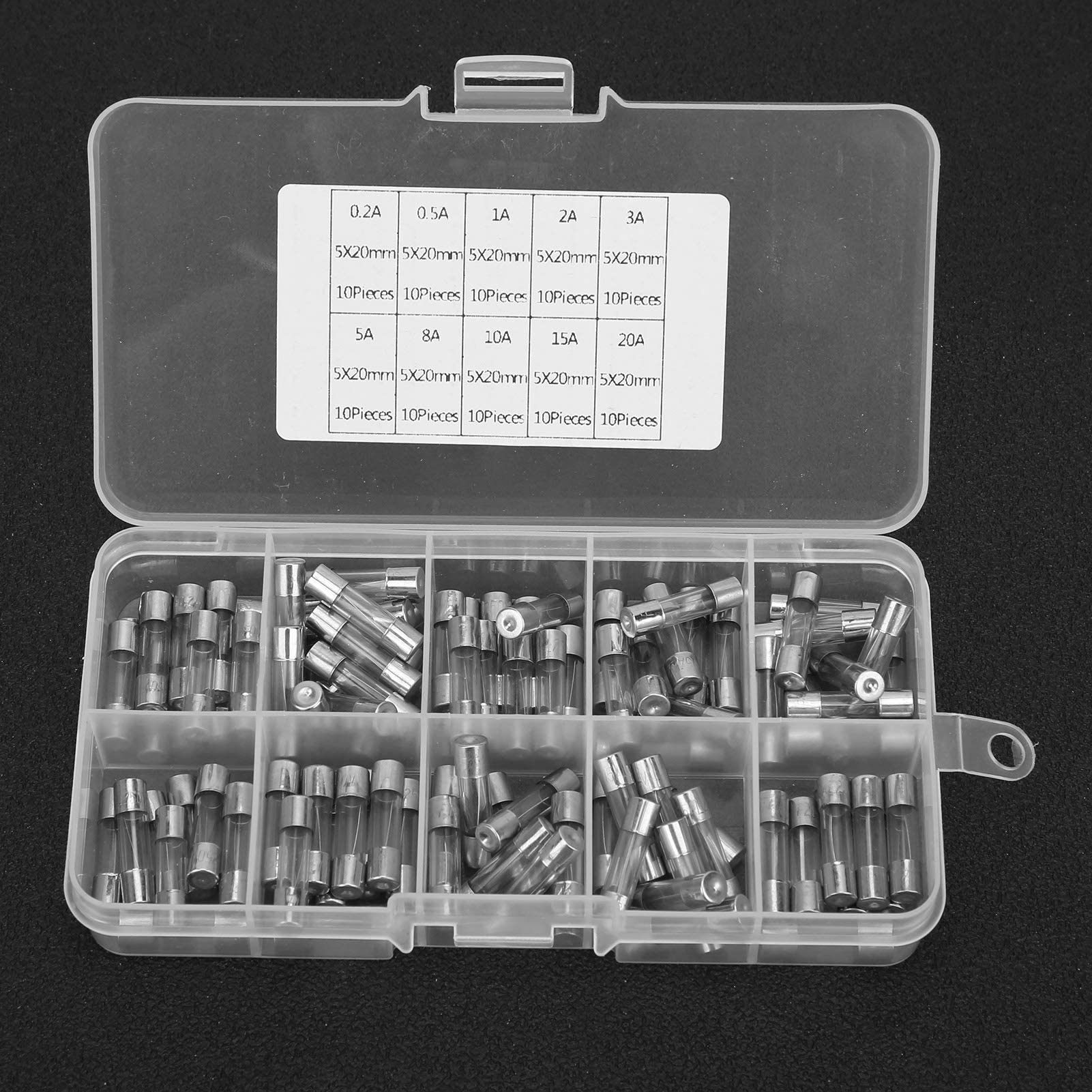 100 Szt. Bezpiecznik Szklany 5x20mm 0.2/0.5/1/2/3/5/8/10/15/20AMP ​​zestaw Bezpieczników Szklanych Różne Materiały Przemysłowe o Silnych Właściwościach Mechanicznych