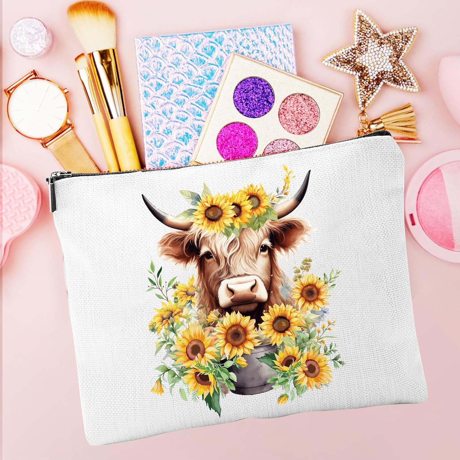 Keluna Highland Cow Gifts for Women - 4Pcs Sunflower Highlandcow Gift, 20oz Highland Cattle Tumbler with Lid Straw Cattle Makeup Bag Keychain Socks for Cow Lovers Girls Birthday Christmas Gifts - Image 5