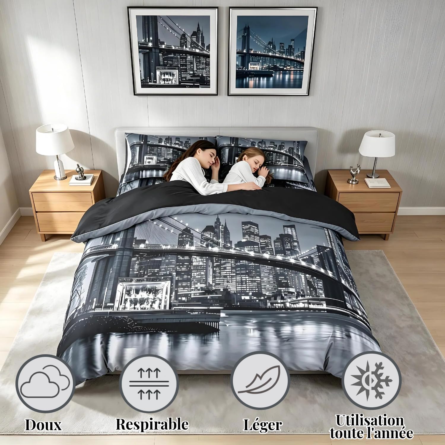 Brooklyn Bridge Parure de Lit Enfants New York City Noir et Blanc Housse de Couette 220x240cm célèbre Ville Image Ensemble de literie