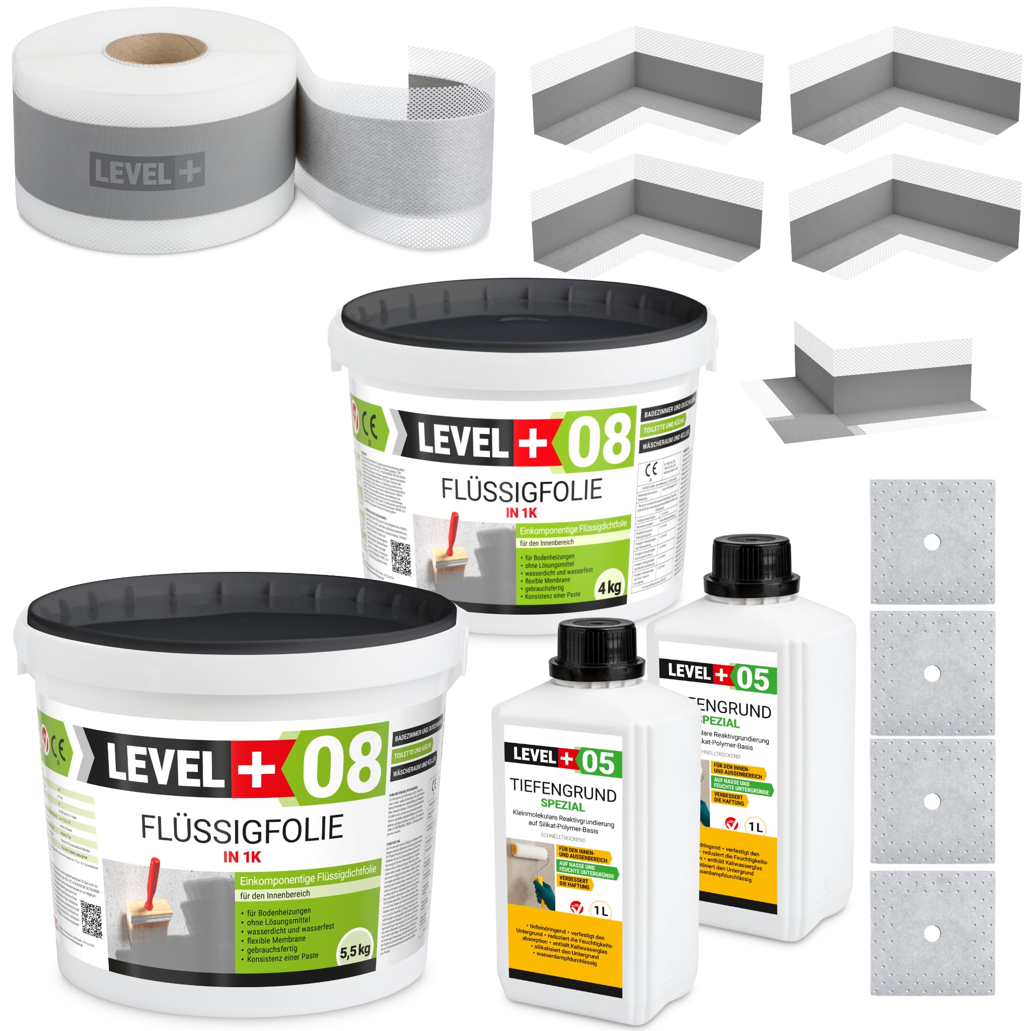 Dicht-Set Bandset Dusche Bad 9,5 Kg Flüssigfolie, 2L Tiefengrund, 15M Dichtband, 4 Innenecken, 1 Außenecke, 4 Wandmanschetten SET104