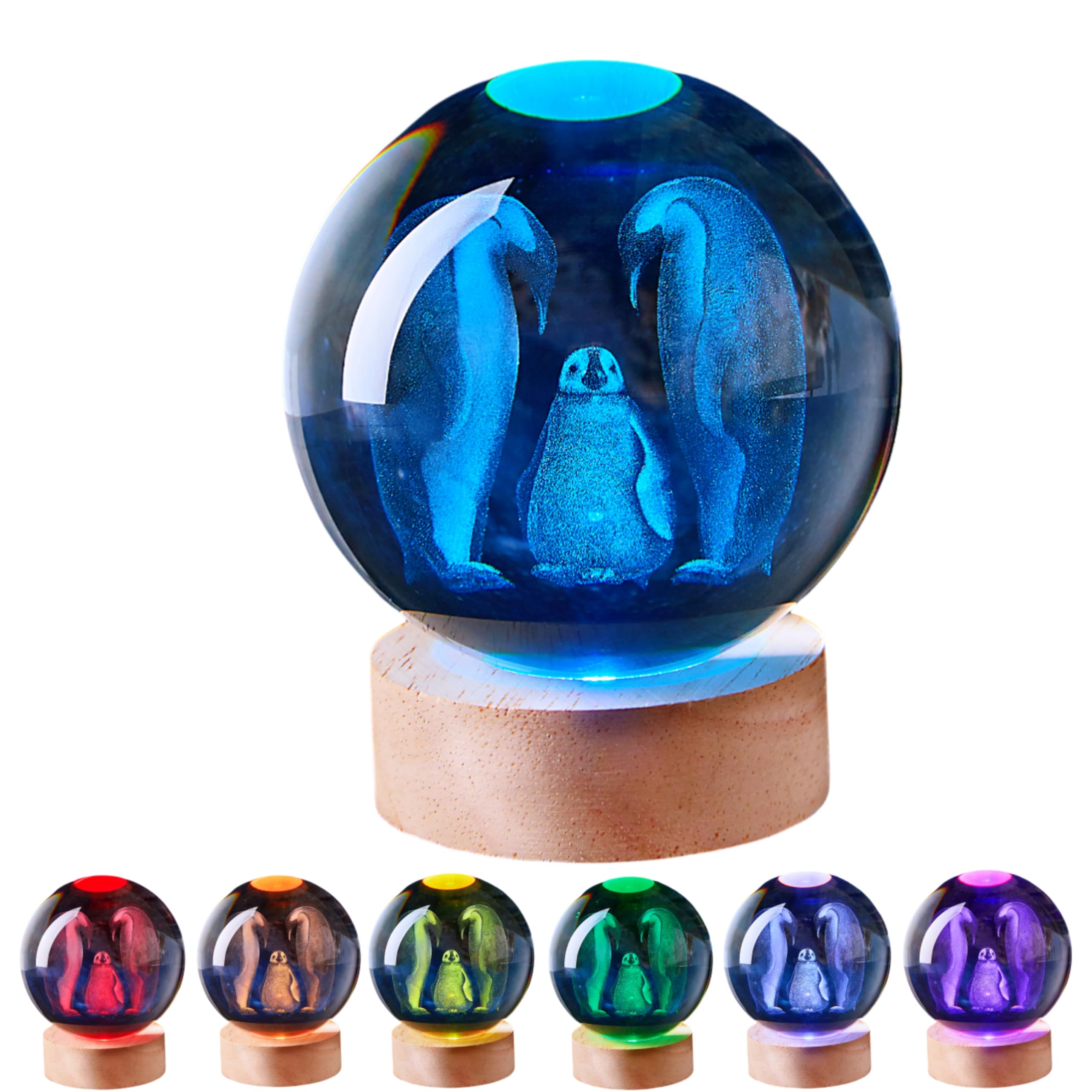 LGY3DLight 3D Crystal Ball Lamp with Remote Control, 3.15 inch Crystal Night Light with Wooden Base 16 Colors Change, Glass Figurine Lamp Gift for Girls Boys Wife Girlfriend Mom (Penguin)
