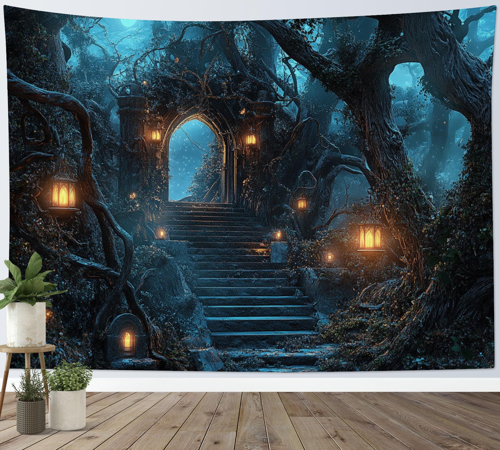 LB Magical Forest Tapestry Wall Hanging Dark Blue Nature Landscape Trees Wall Decor for Living Room Bedroom Home Office,92x70 inch