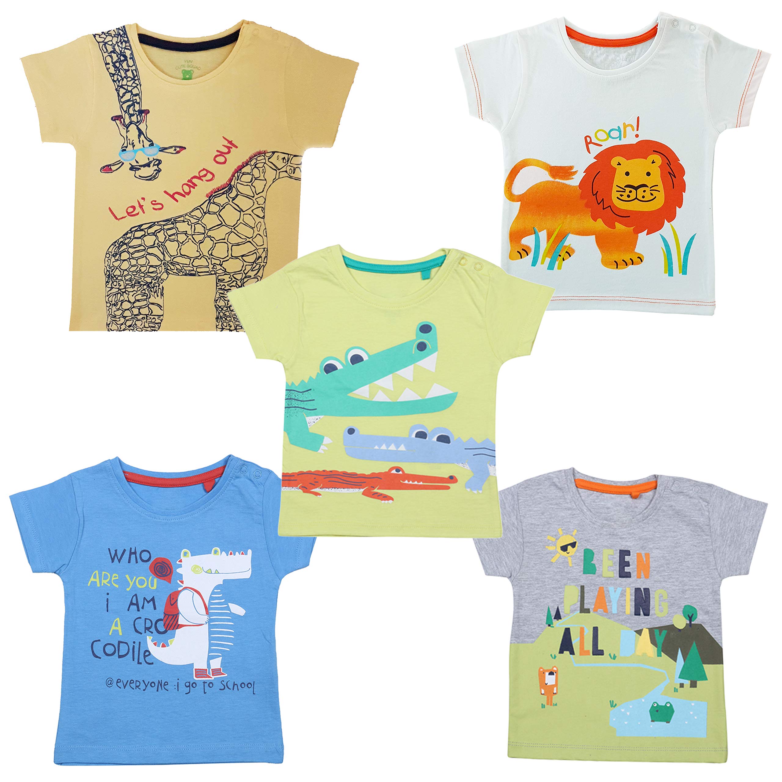 YUVInfant Baby Boys & Girls 100% Cotton Printed Multicolor Half Sleeve T Shirts - 0 to 24 Months Babies, Pack of 5
