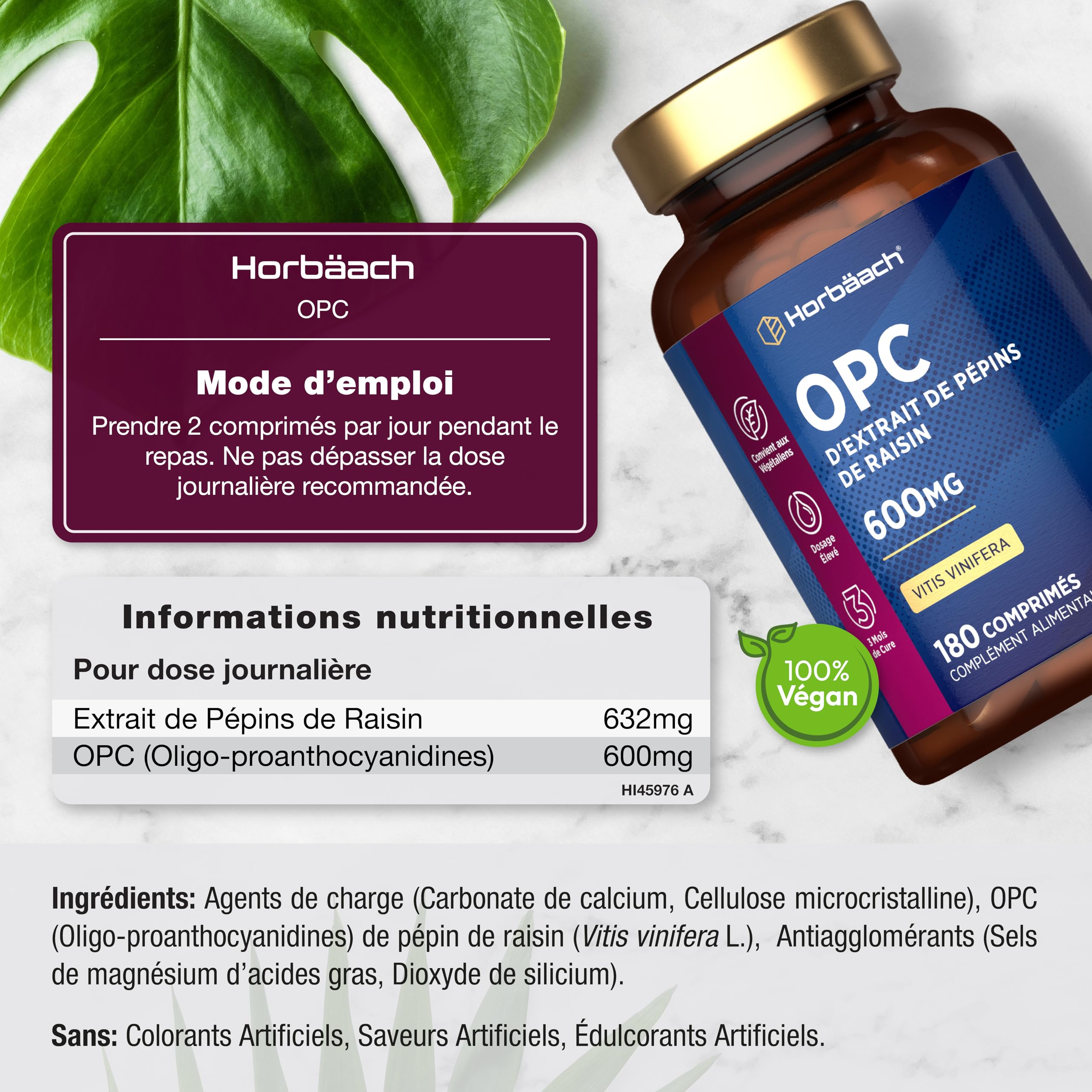 OPC Extrait de Pépins de Raisin | 180 Gélules Vegan | 95% OPC Raisin | Vitis Vinifera L. | Proanthocyanidines Oligomére Fortement Dosé | Grapeseed Extract | par Horbaach