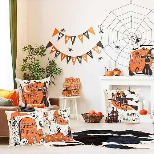 Miniatura 2 de Sioloc Fundas de almohada de Halloween de 18 x 18 pulgadas con 4, decoraciones de Halloween, casa de campo de bruja de calabaza, decoración festiva