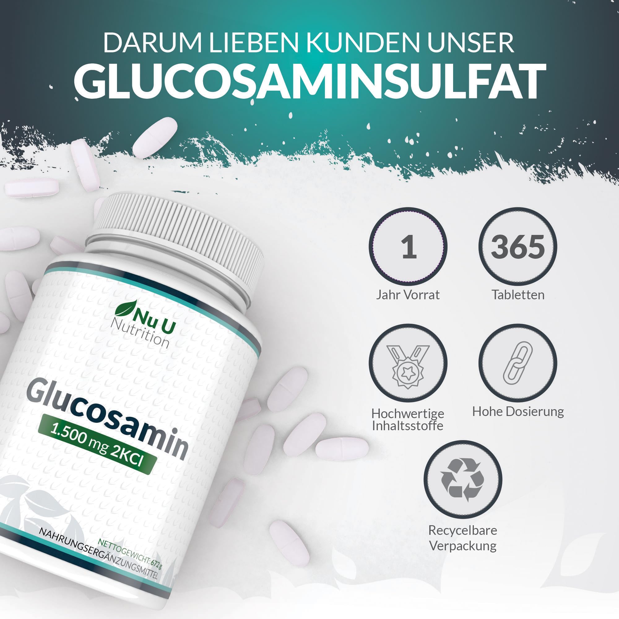 Glucosamin 1500mg 2KCI Hochdosiert - 365 Tabletten - 12 Monate Vorrat - Versorgung für ein Jahr - Nu U Nutrition