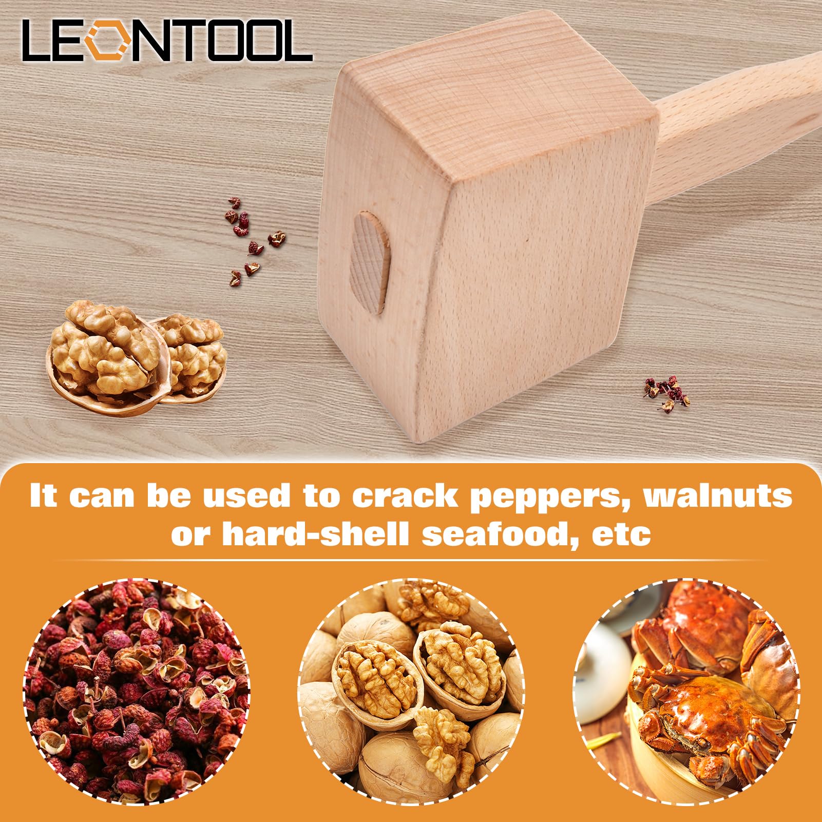 LEONTOOL Maillet en bois 9,5" marteau à glace manuel Broyeurs à glace à usage domestique, Maillet en bois de hêtre massif pour le travail du, travail du cuir, craquage du noyer