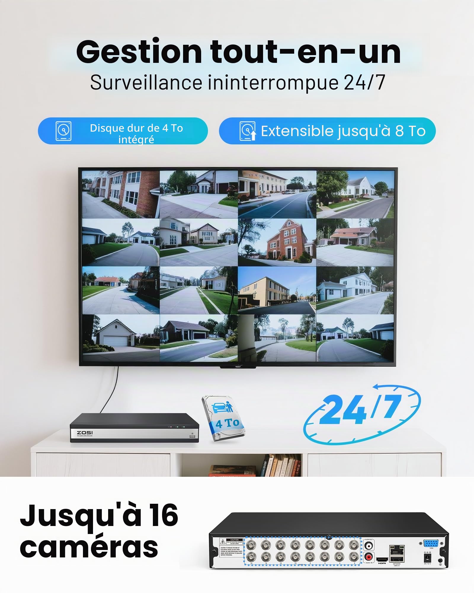 ZOSI 1080P Kit 12 Caméra Surveillance Filaire Extérieure avec DVR 16CH 4TB | Détection IA Personne/Véhicule, Angle de Vue 90°, Vision Nocturne 24m, Vidéo Surveillance 24/7 pour Domestique